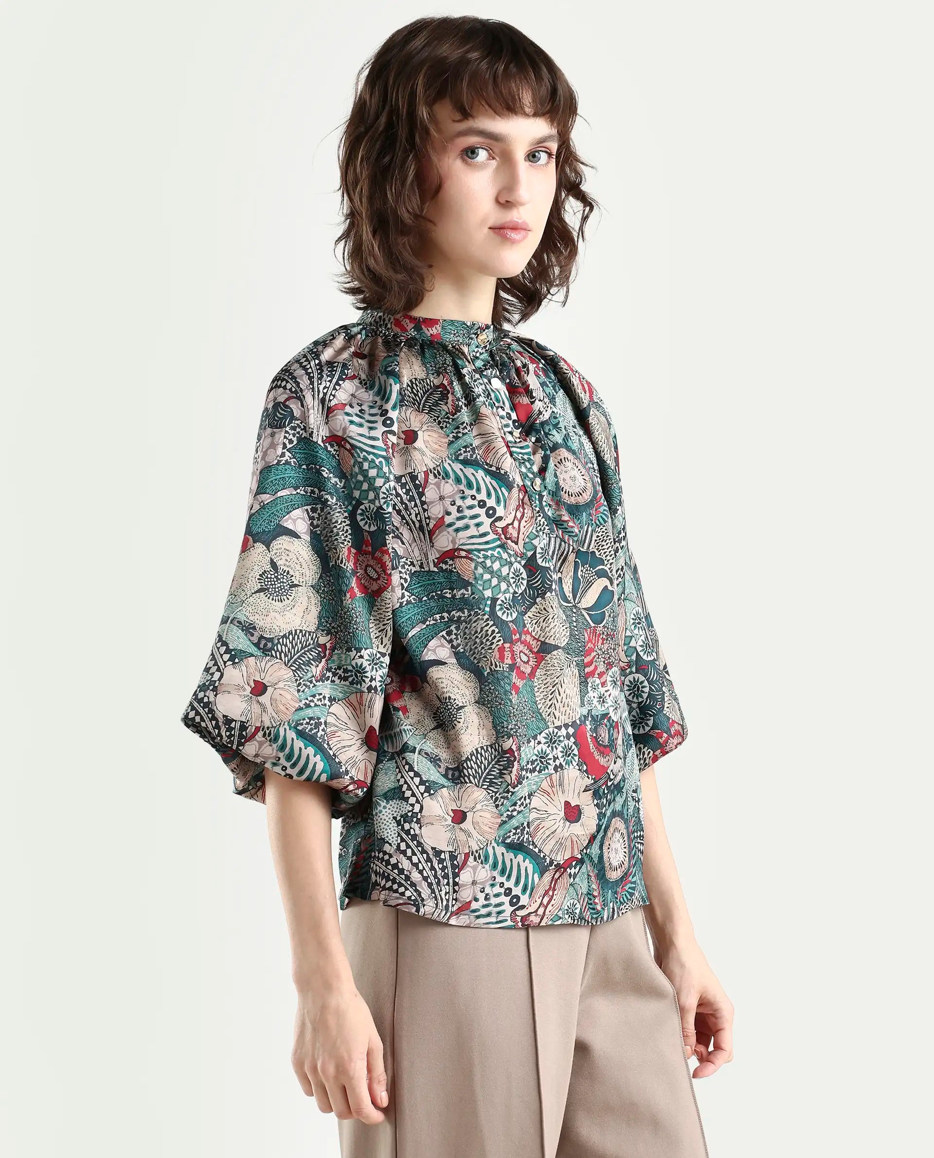 Rareism Women's Xito Multi Satin Mandarin Collar Abstract Print Raglan Sleeve Regular Fit Top
