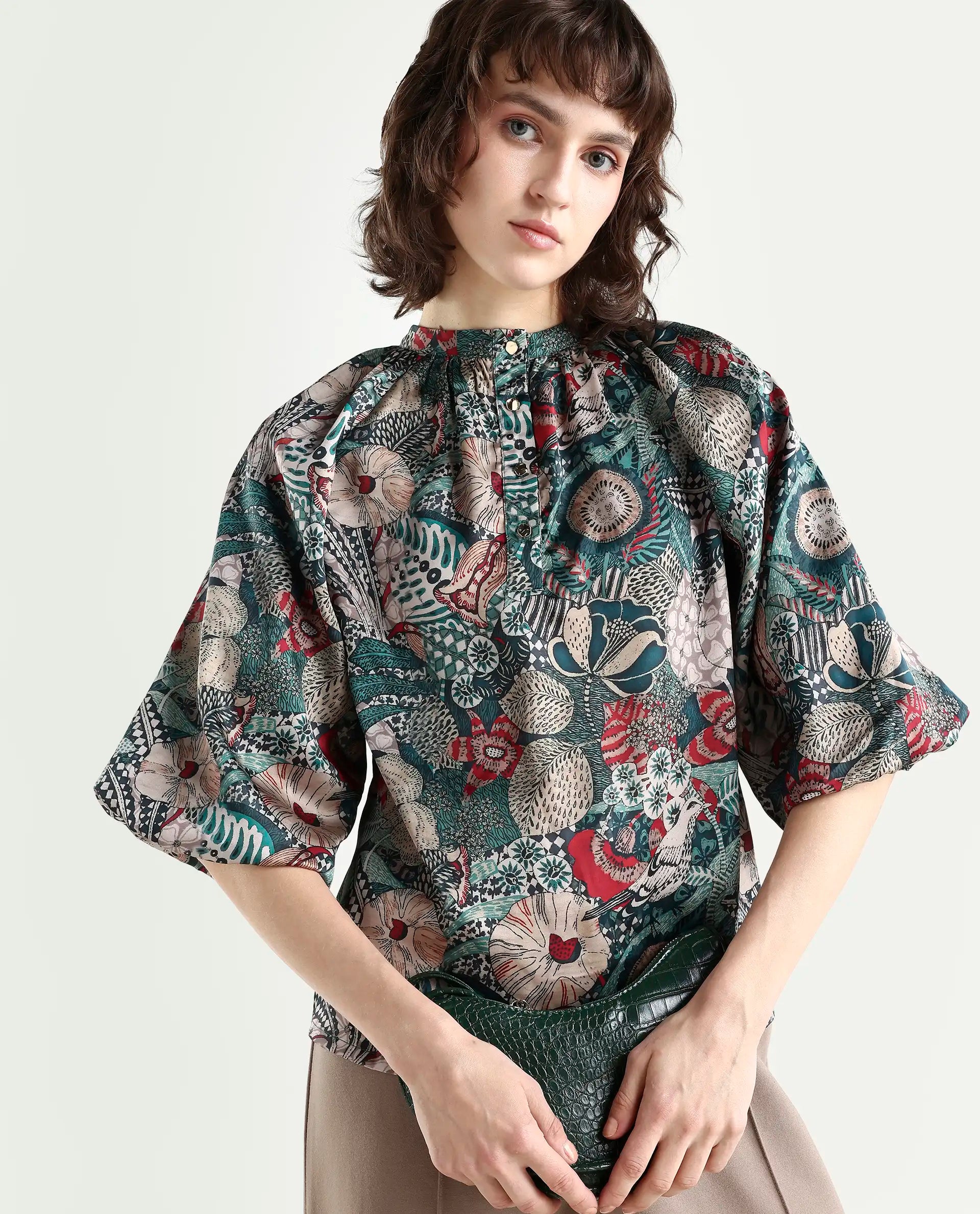 Rareism Women's Xito Multi Satin Mandarin Collar Abstract Print Raglan Sleeve Regular Fit Top