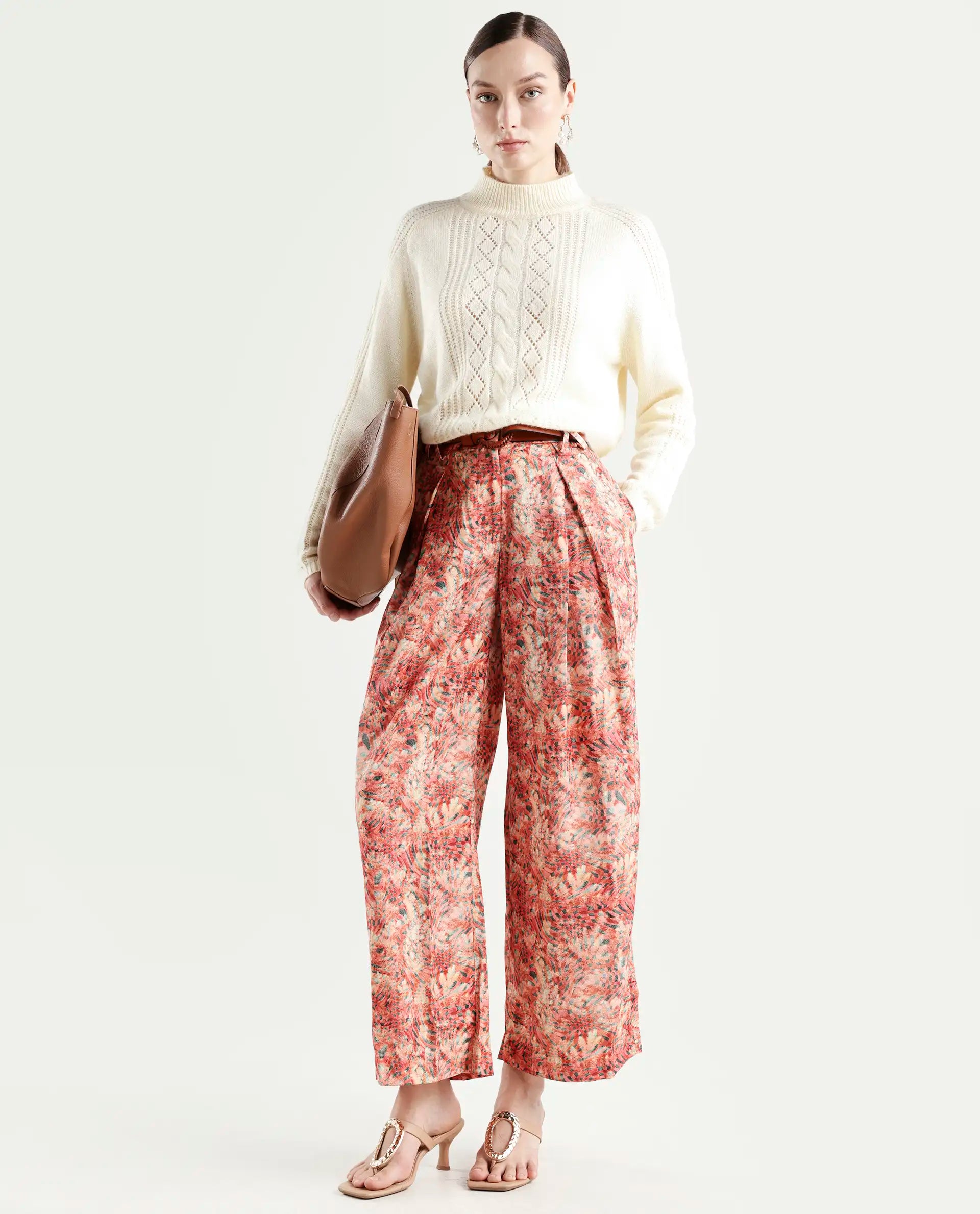 Rareism Women's Gretay Multi Polyester Blend Geometric Print Ankle Length Wide Trouser