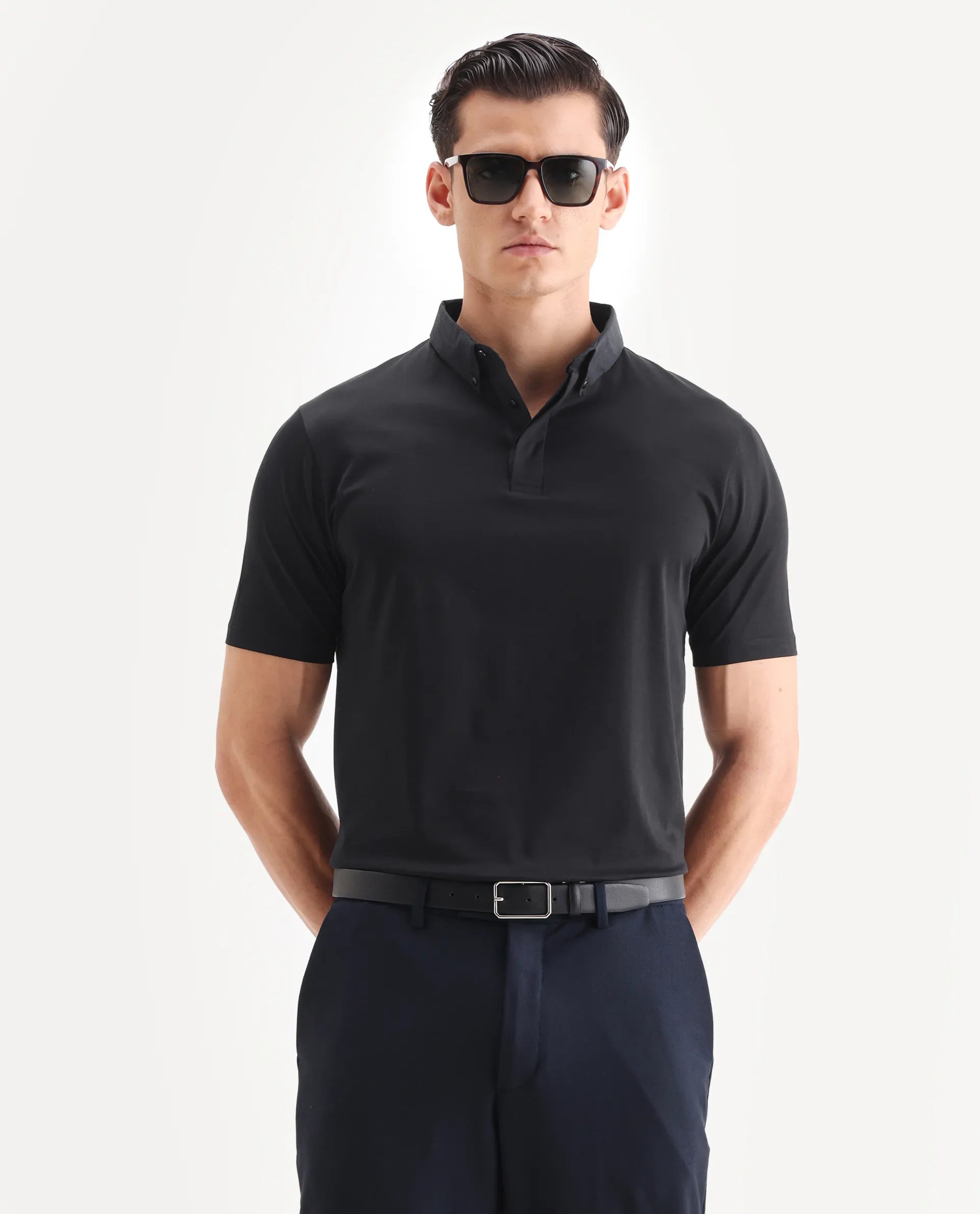 Rare Rabbit Men's Clarence-1 Black Cotton Plain Regular Fit Half Sleeve Polo