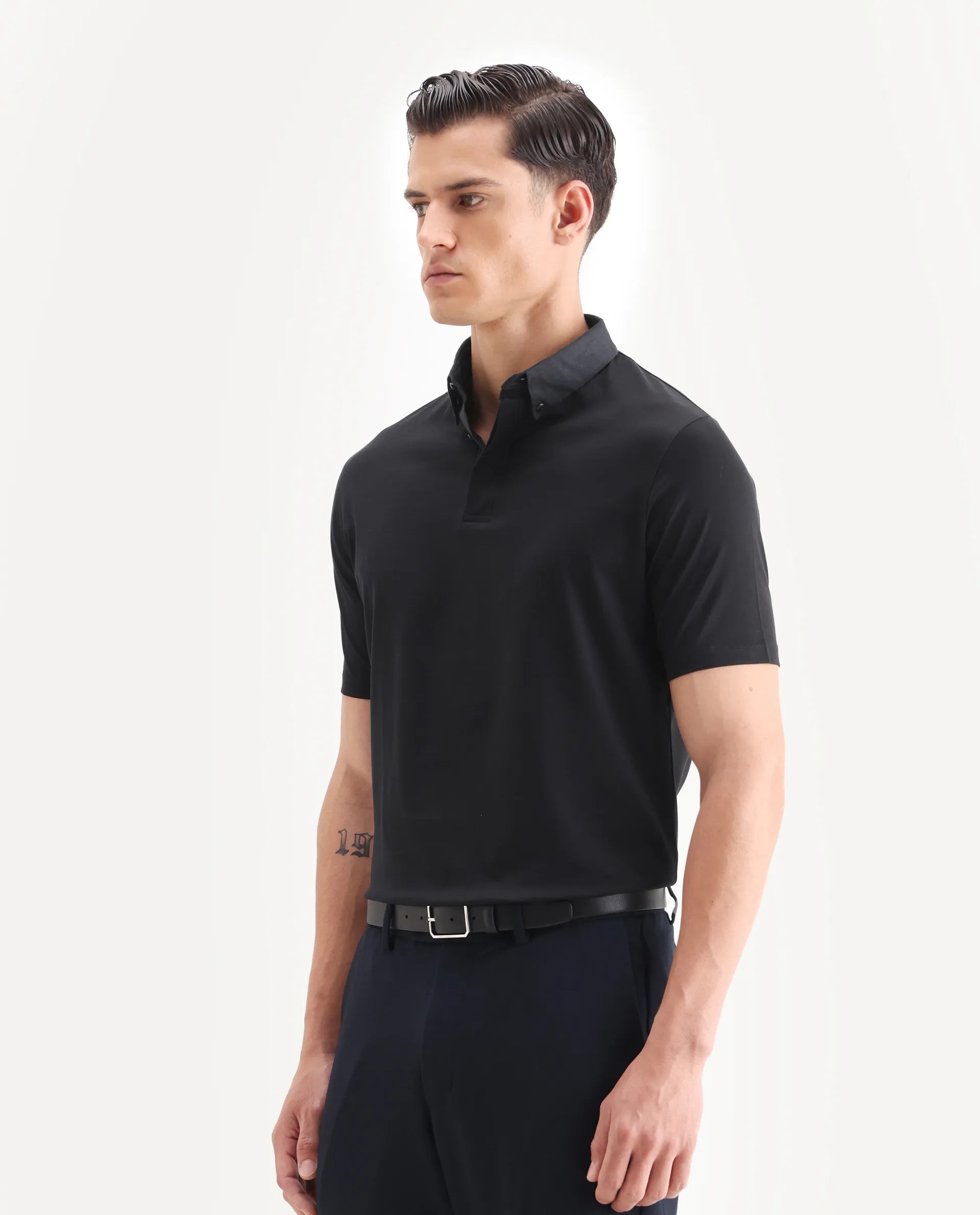 Rare Rabbit Men's Clarence-1 Black Cotton Plain Regular Fit Half Sleeve Polo