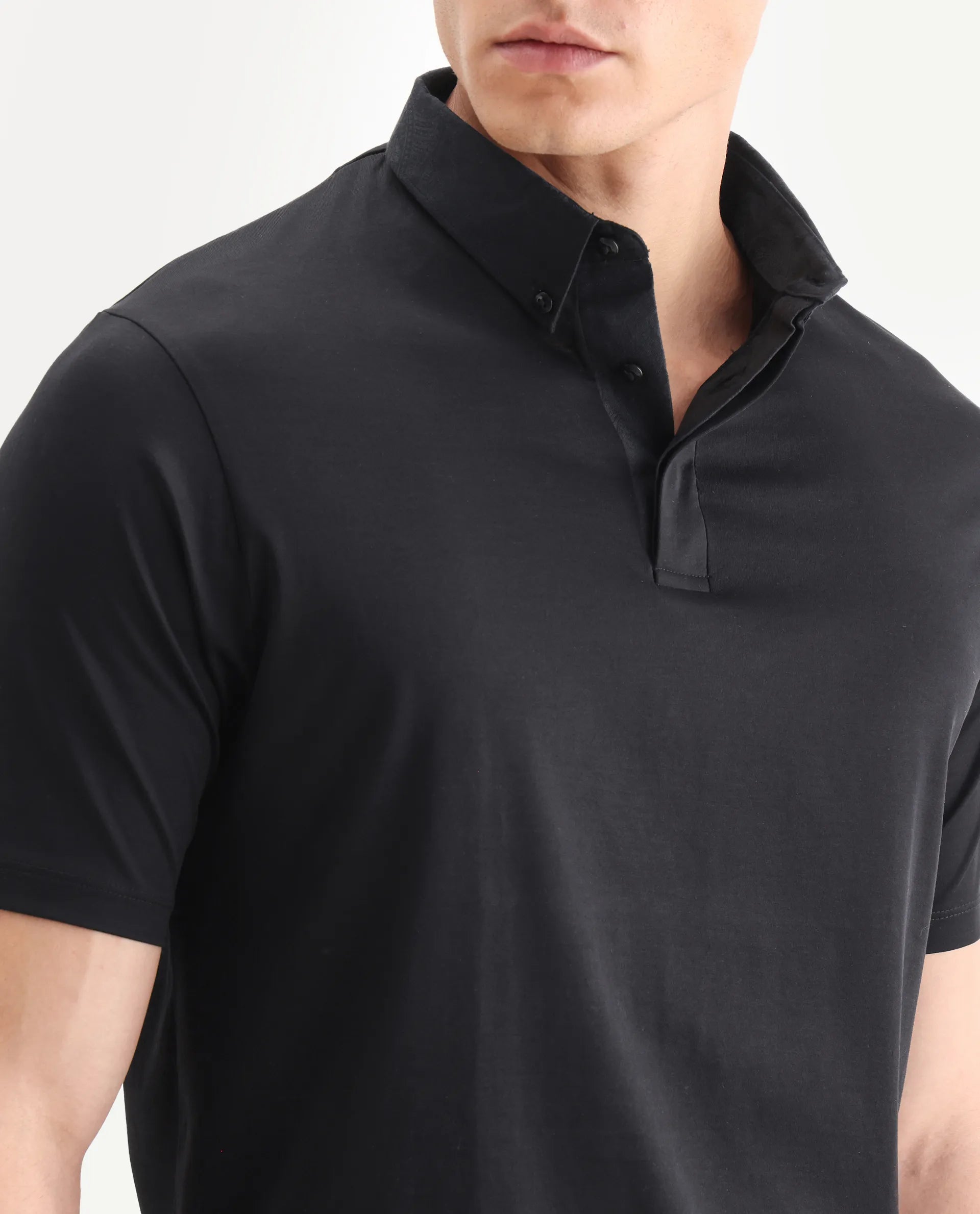 Rare Rabbit Men's Clarence-1 Black Cotton Plain Regular Fit Half Sleeve Polo