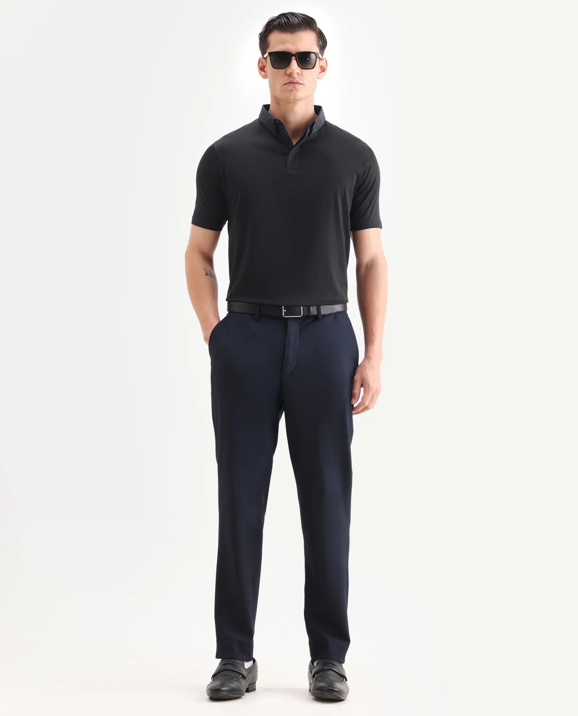 Rare Rabbit Men's Clarence-1 Black Cotton Plain Regular Fit Half Sleeve Polo