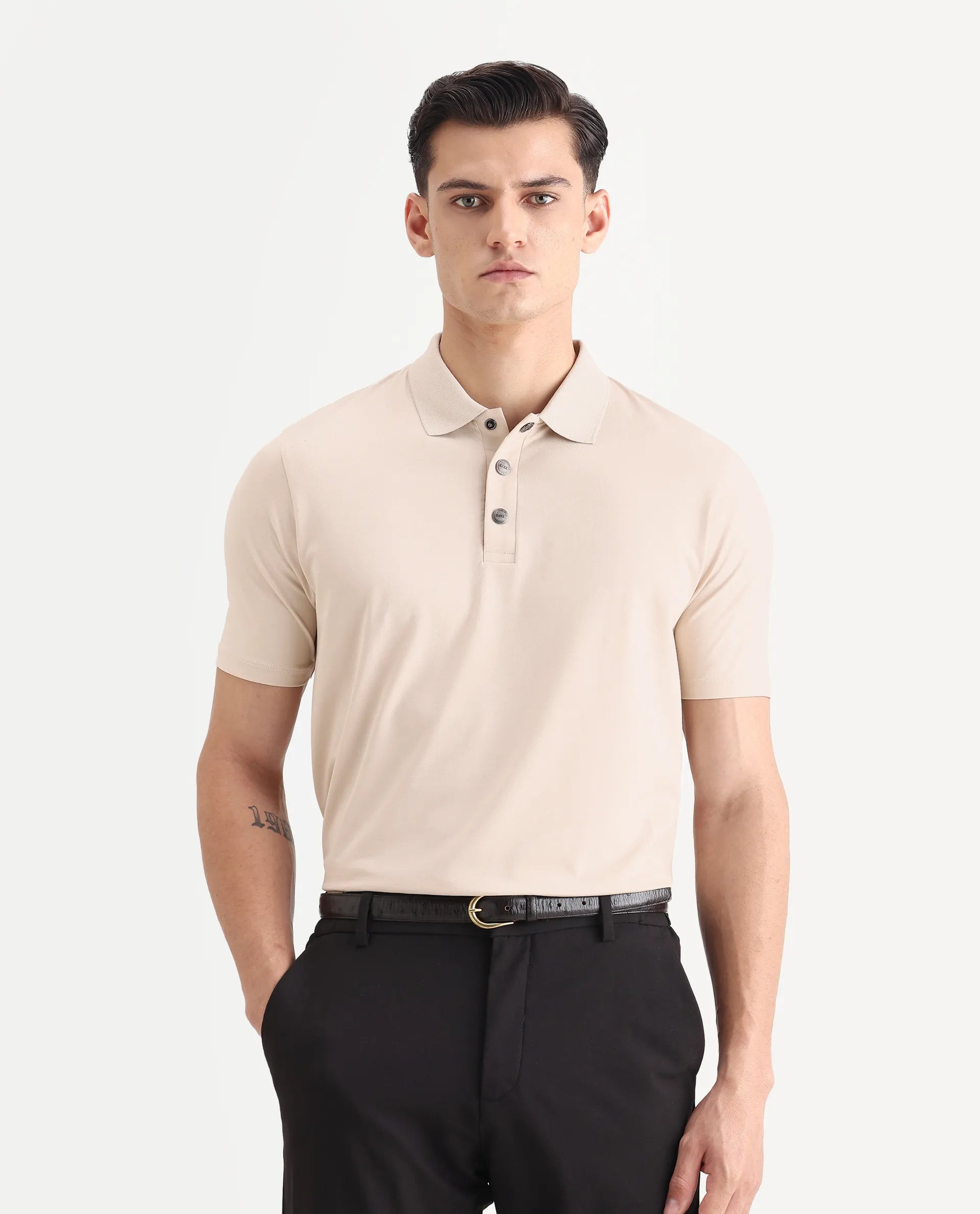 Rare Rabbit Men's Tang-1 Beige Cotton Plain Regular Fit Half Sleeve Polo