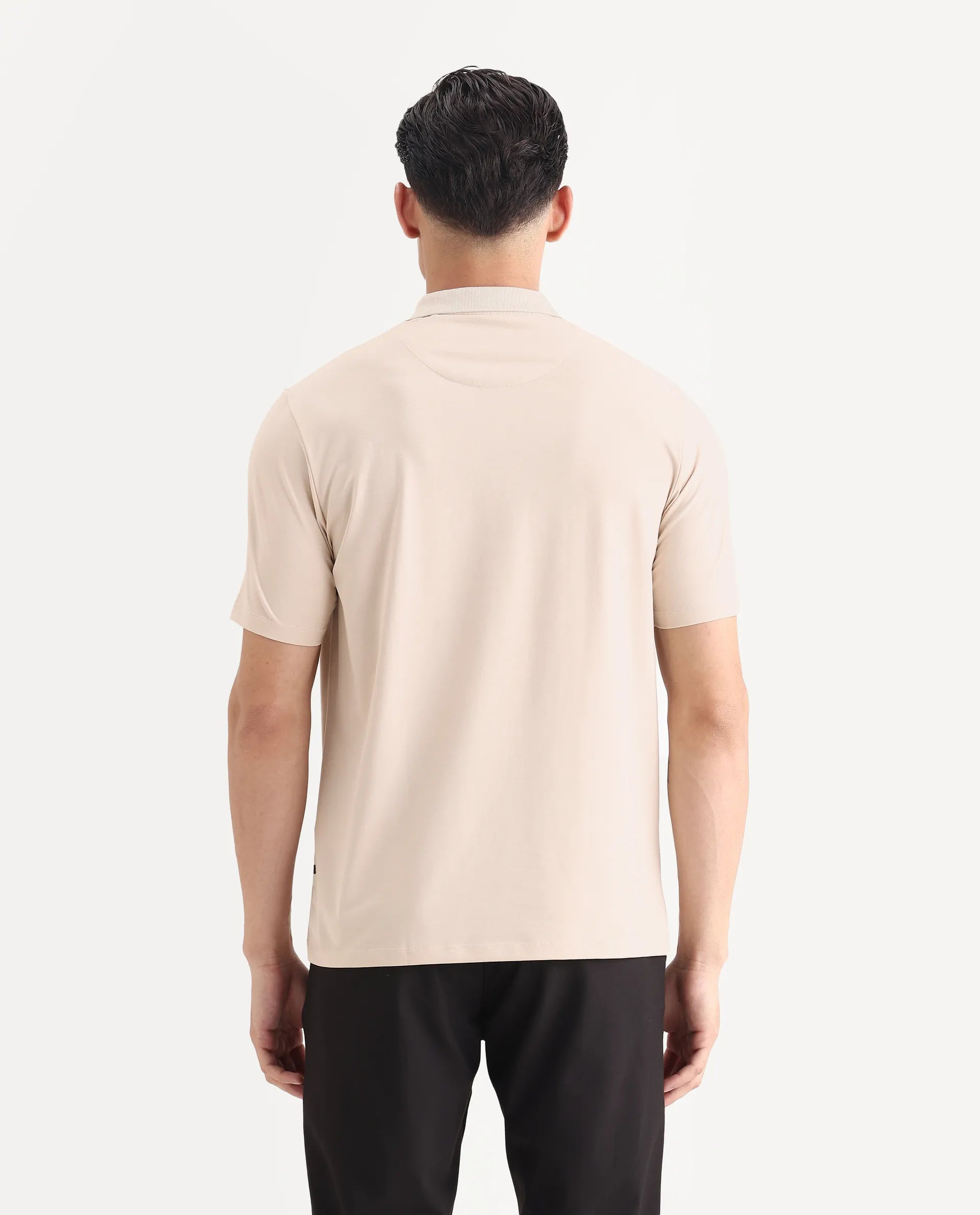 Rare Rabbit Men's Tang-1 Beige Cotton Plain Regular Fit Half Sleeve Polo