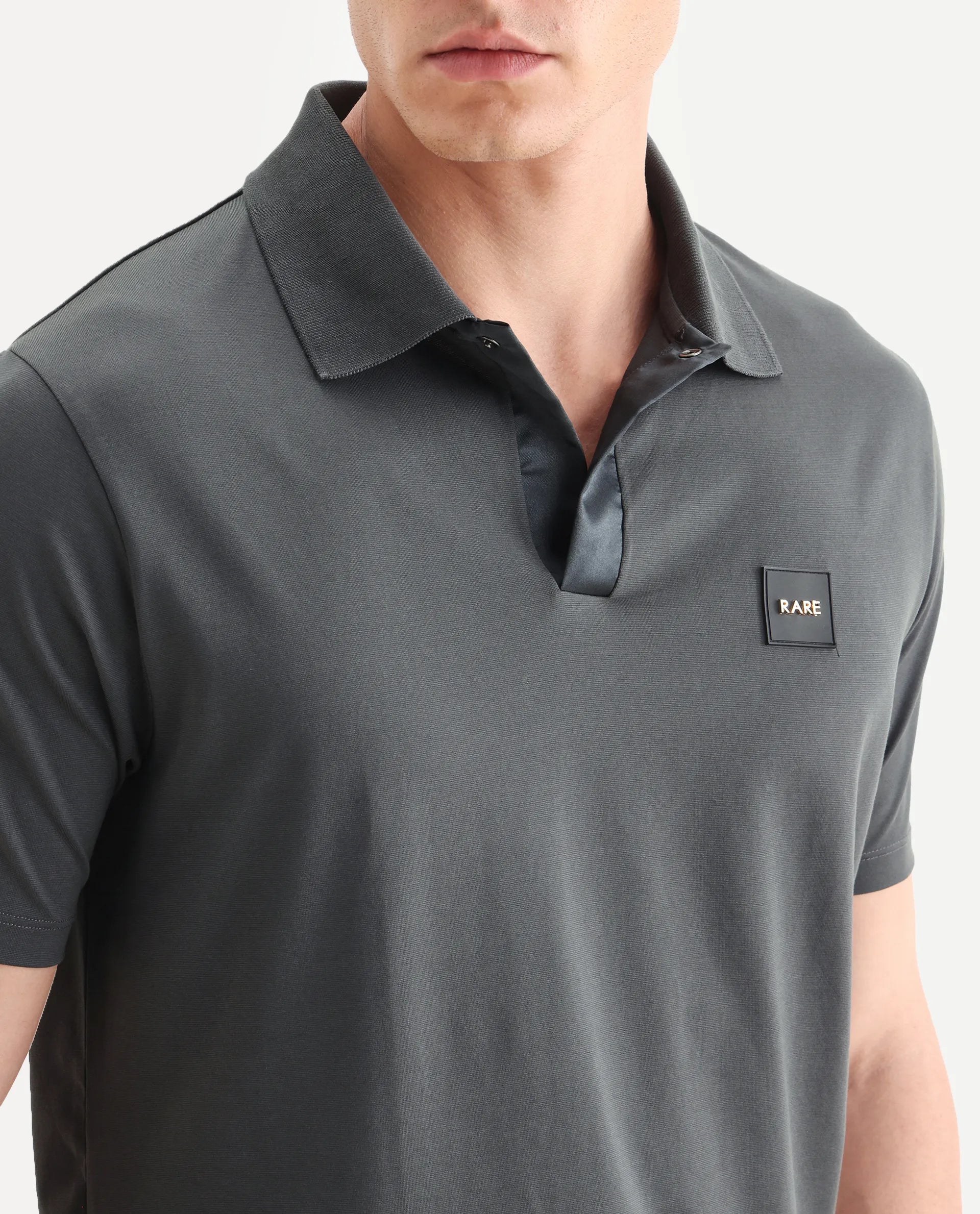 Rare Rabbit Men's Centor Dark Grey Cotton Plain Regular Fit Half Sleeve Polo