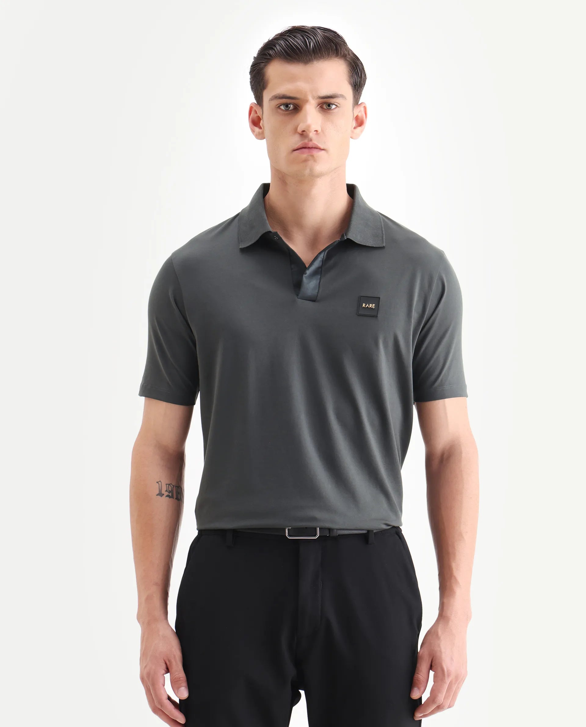 Rare Rabbit Men's Centor Dark Grey Cotton Plain Regular Fit Half Sleeve Polo