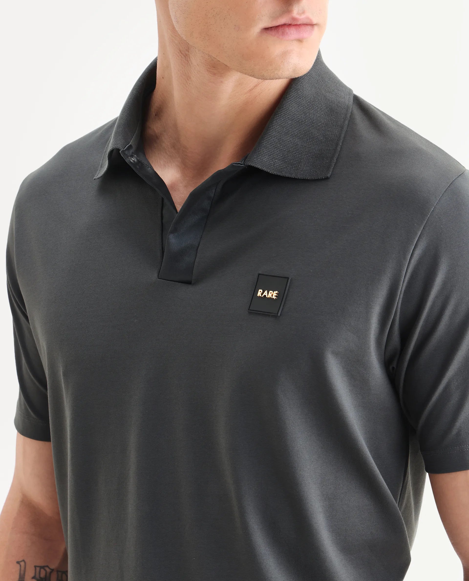 Rare Rabbit Men's Centor Dark Grey Cotton Plain Regular Fit Half Sleeve Polo