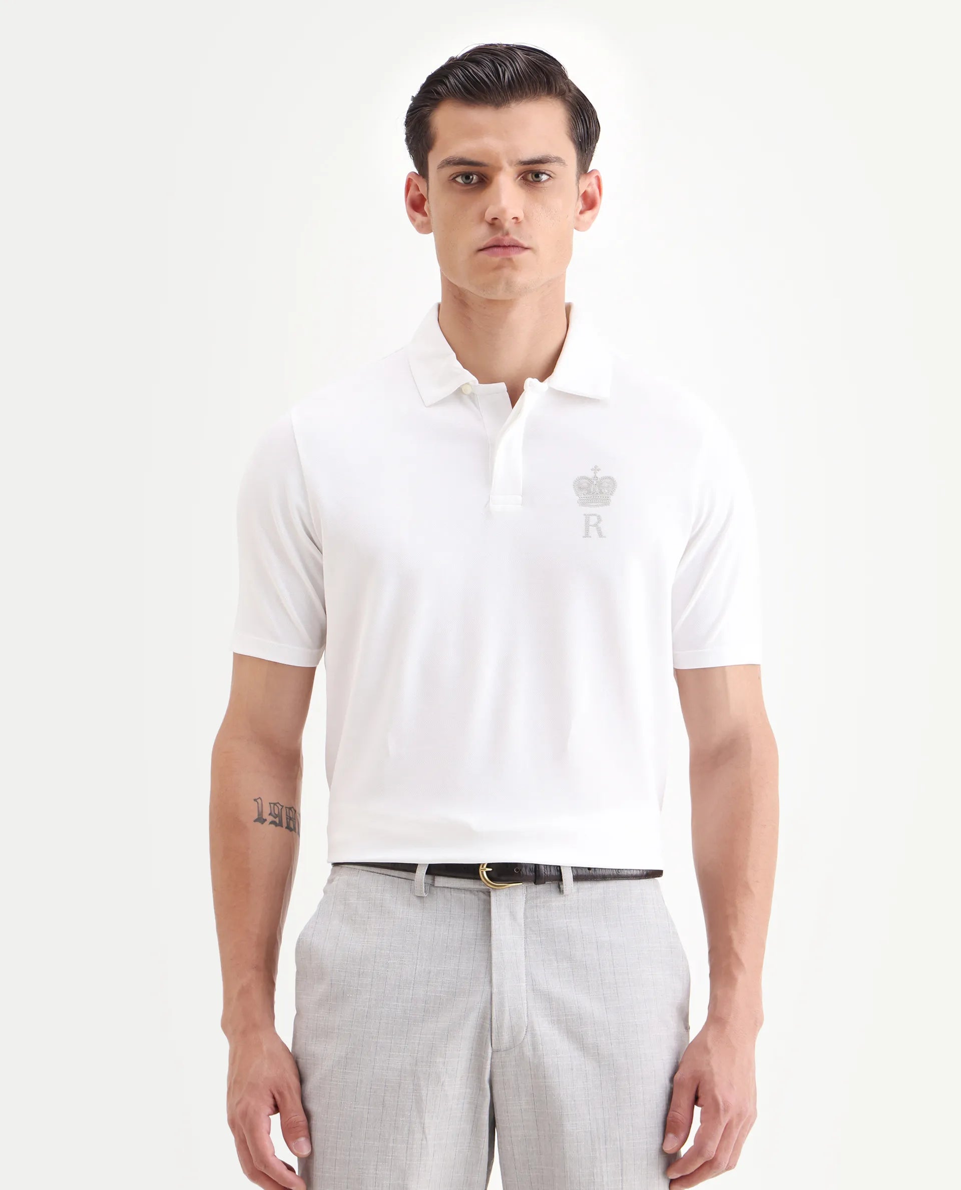 Rare Rabbit Men's Mais White Cotton Blend Plain Regular Fit Half Sleeve Polo