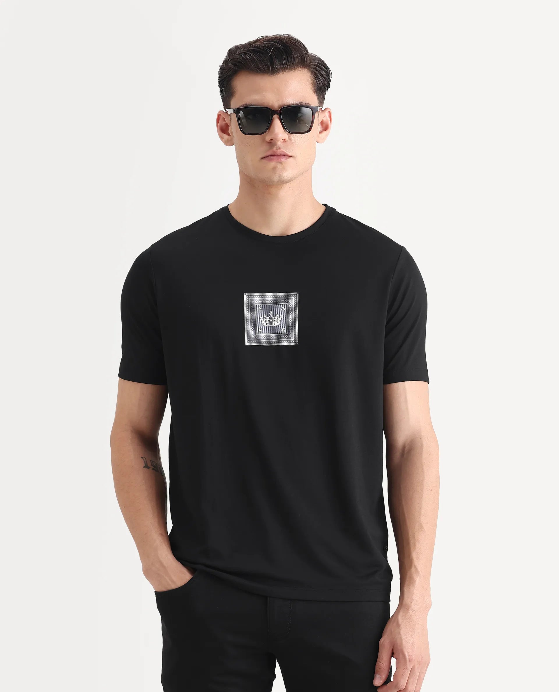 Rare Rabbit Men's Spectre Black Cotton Blend Graphic Print Regular Fit Half Sleeve Crew Neck T-Shirt