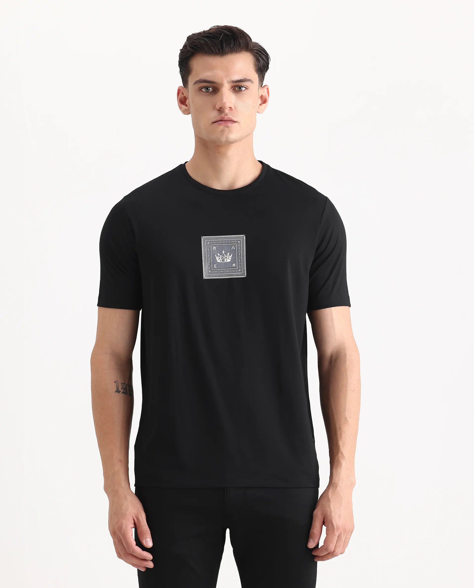 Rare Rabbit Men's Spectre Black Cotton Blend Graphic Print Regular Fit Half Sleeve Crew Neck T-Shirt