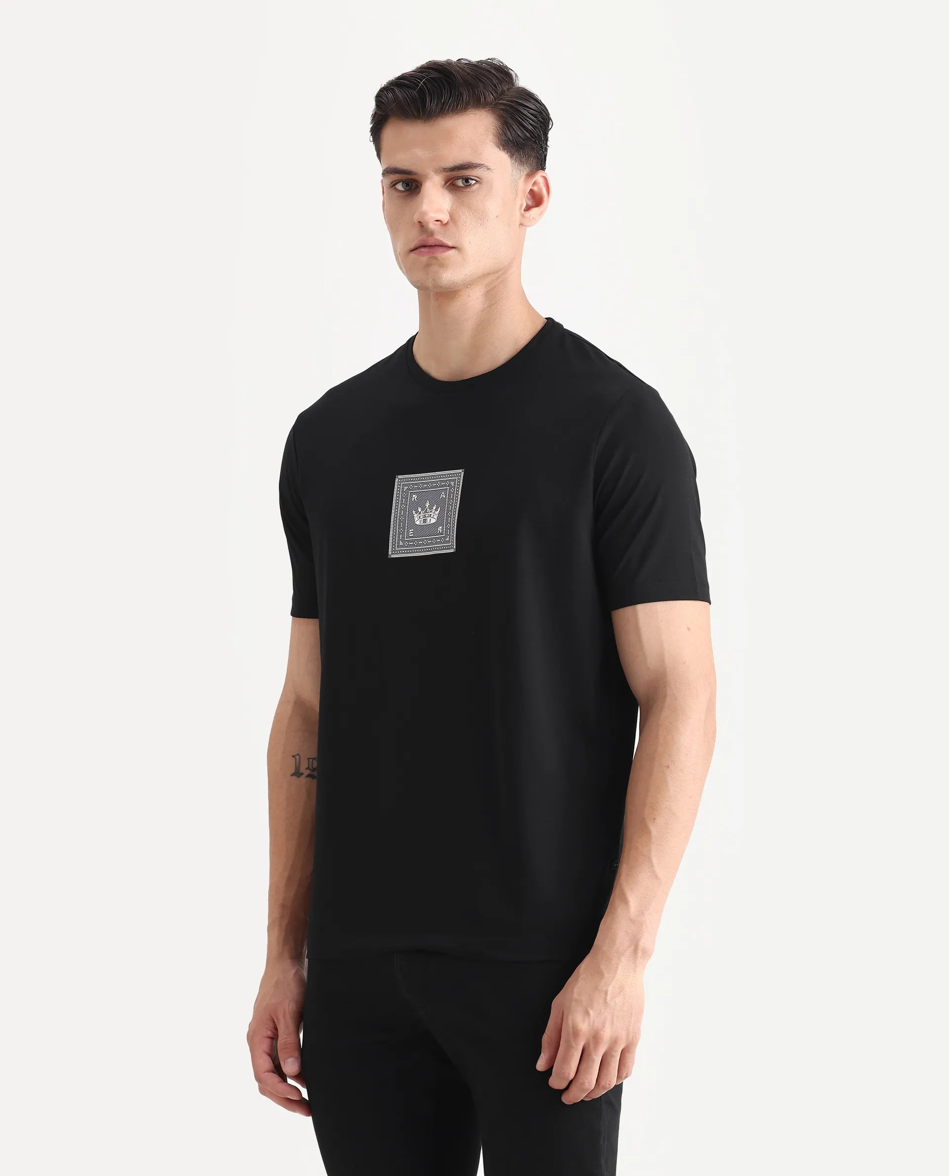 Rare Rabbit Men's Spectre Black Cotton Blend Graphic Print Regular Fit Half Sleeve Crew Neck T-Shirt