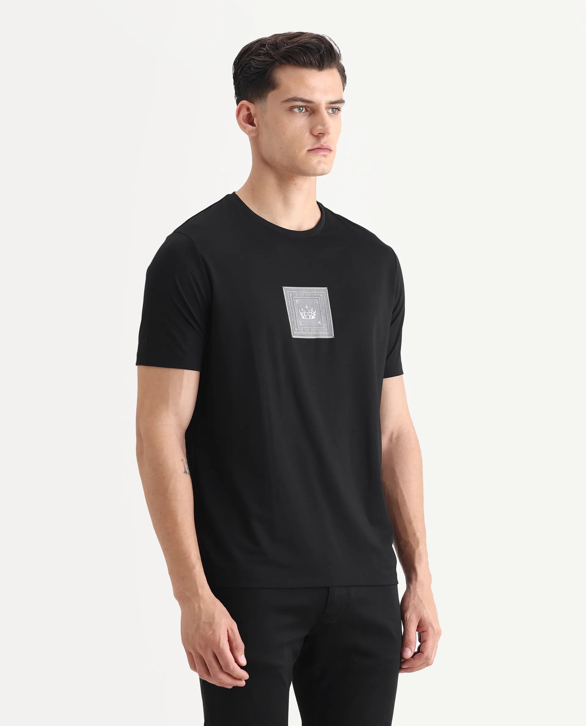 Rare Rabbit Men's Spectre Black Cotton Blend Graphic Print Regular Fit Half Sleeve Crew Neck T-Shirt