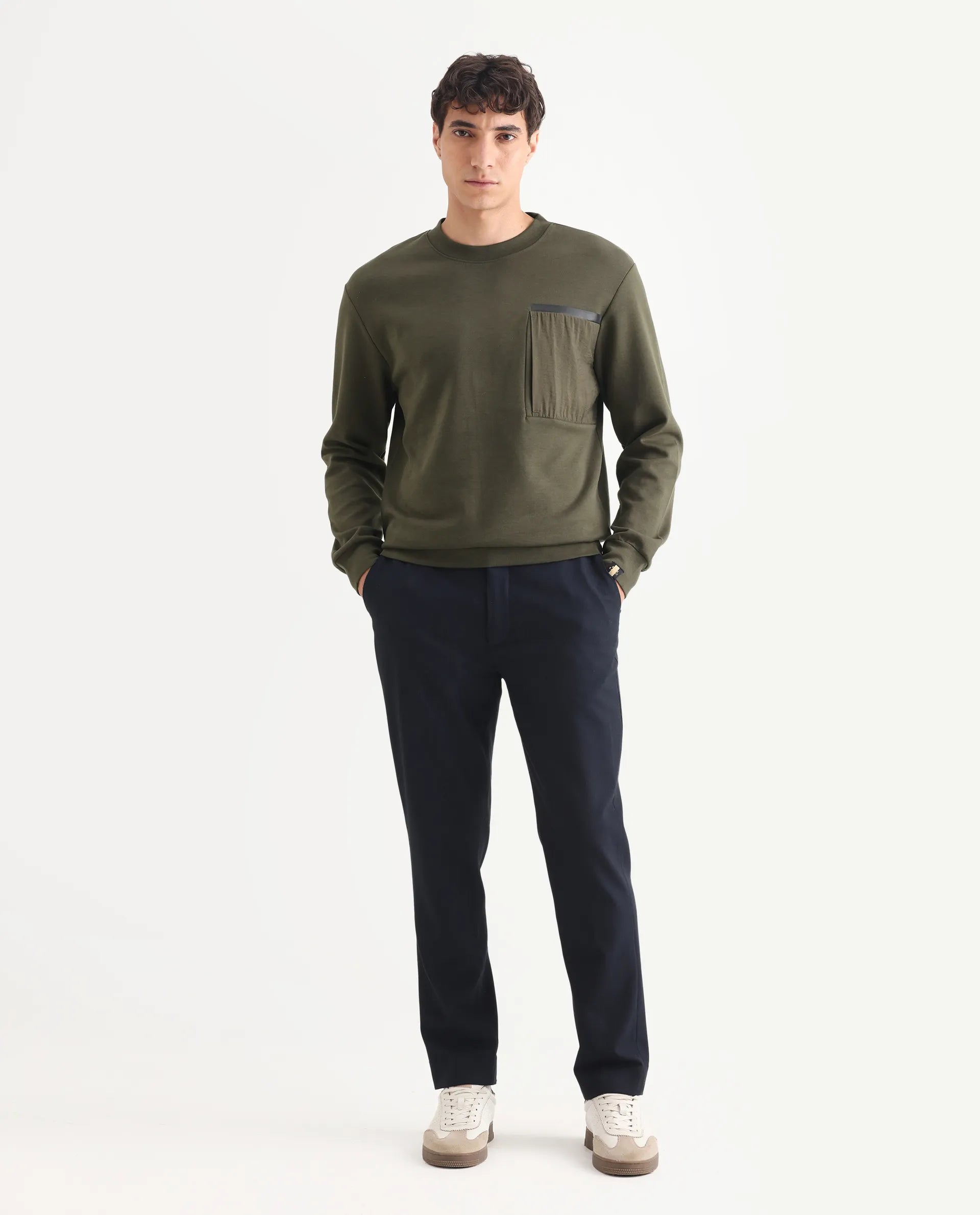 Rare Rabbit Men's Shaw Olive Cotton Plain Regular Fit Full Sleeve Crew Neck Sweatshirt