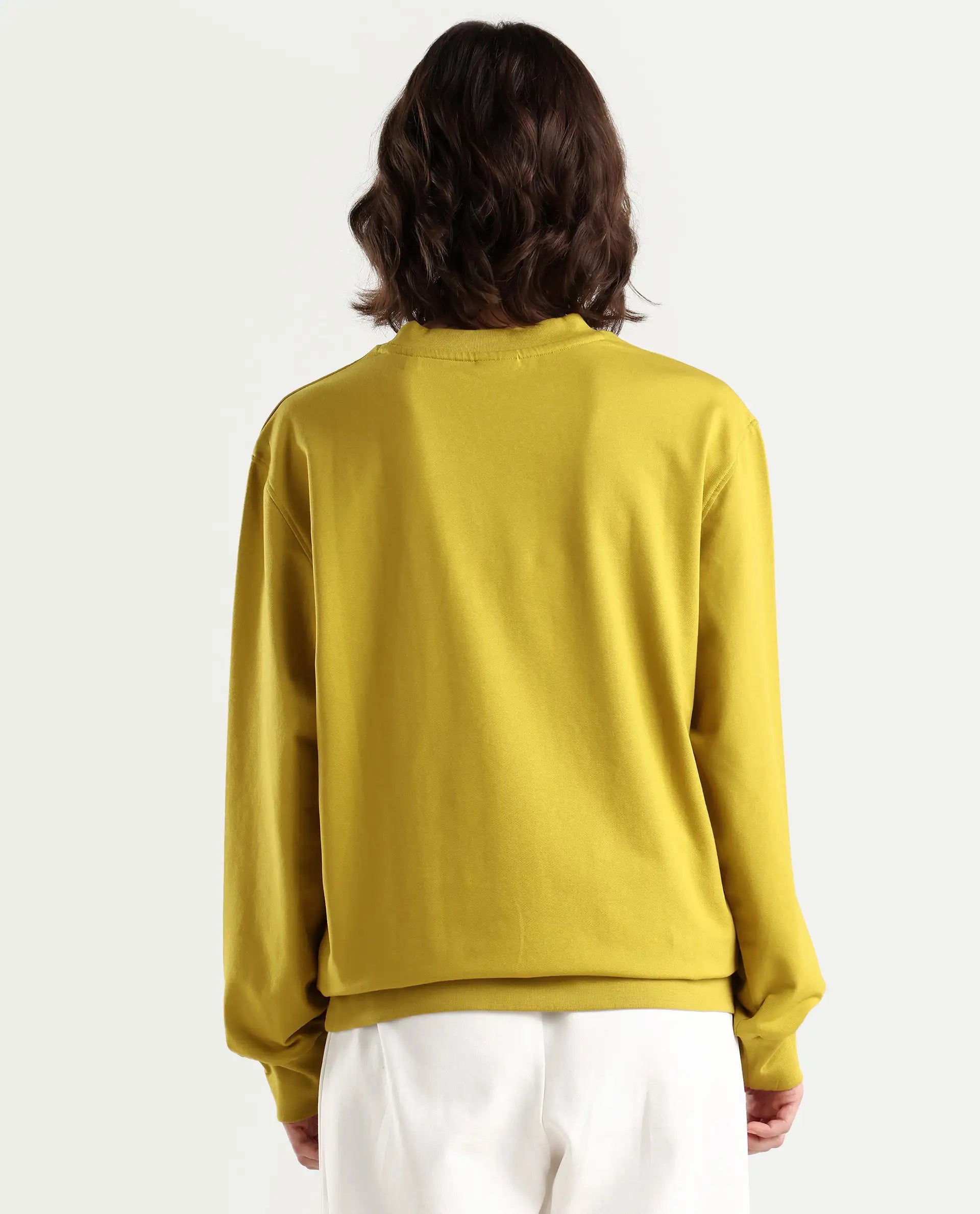 Rareism Women's Rib-1 Green Cotton Blend Crew Neck Plain Regular Fit Sweatshirt