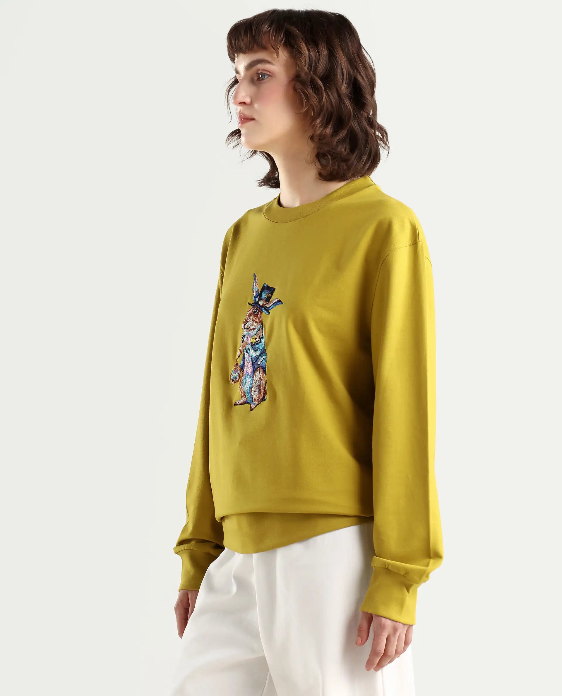 Rareism Women's Rib-1 Green Cotton Blend Crew Neck Plain Regular Fit Sweatshirt