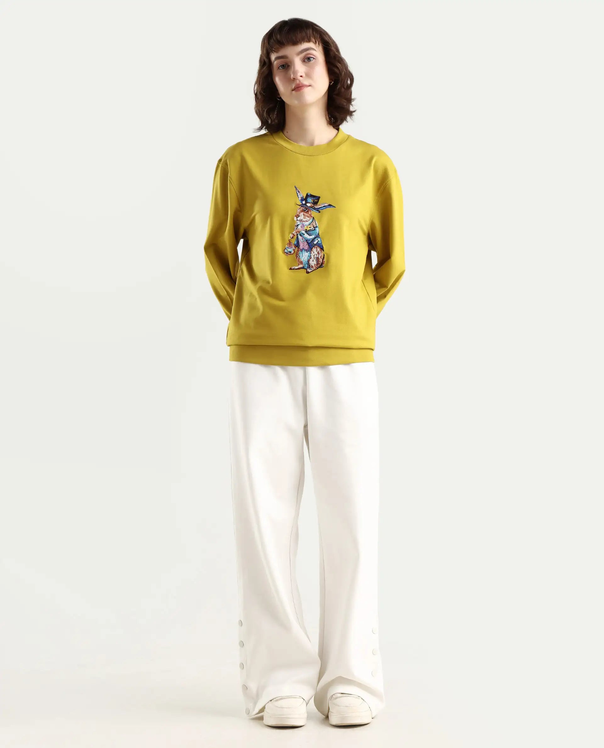 Rareism Women's Rib-1 Green Cotton Blend Crew Neck Plain Regular Fit Sweatshirt