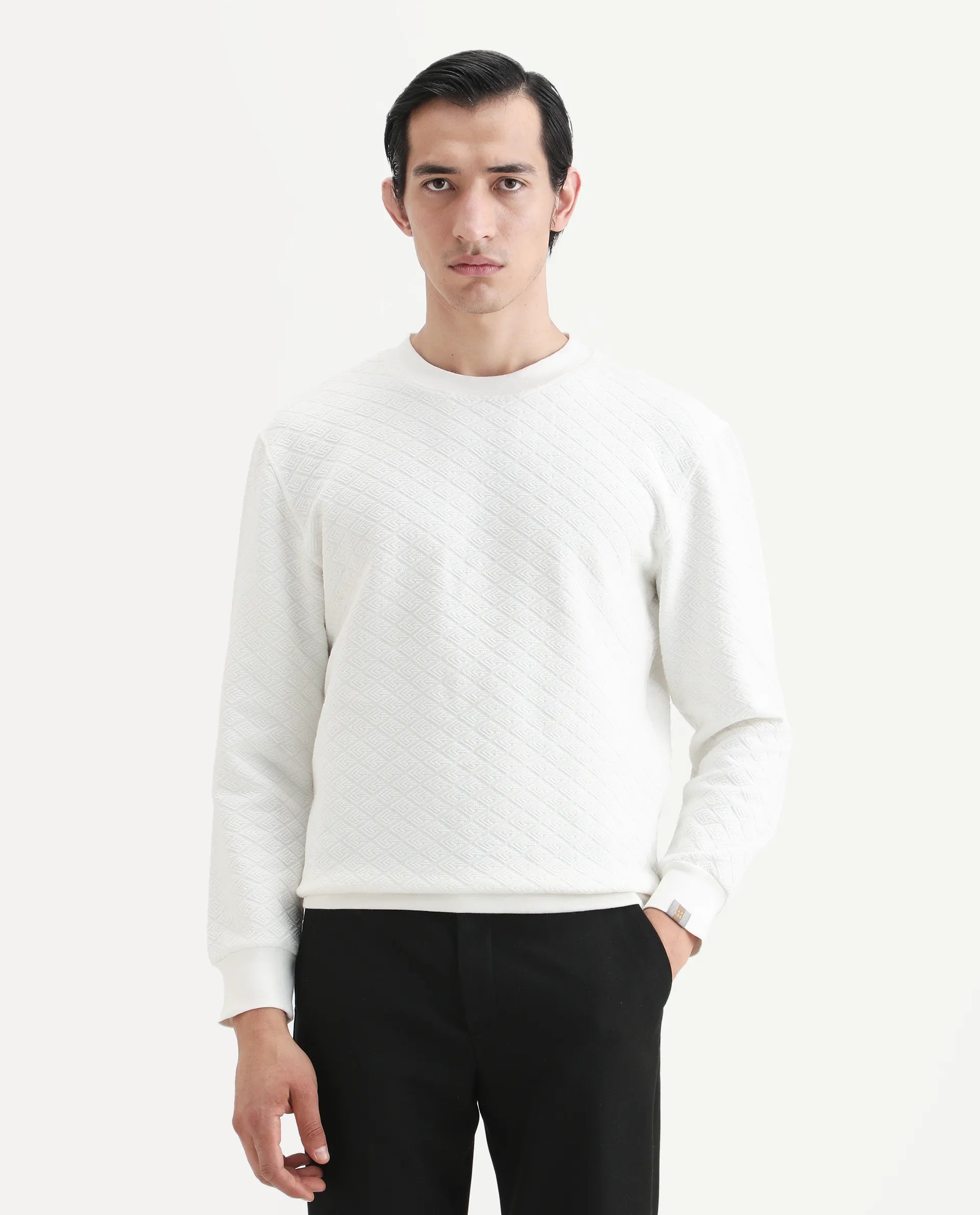 Rare Rabbit Men's Sheild-2 White Textured Regular Fit Full Sleeve Crew Neck Sweatshirt