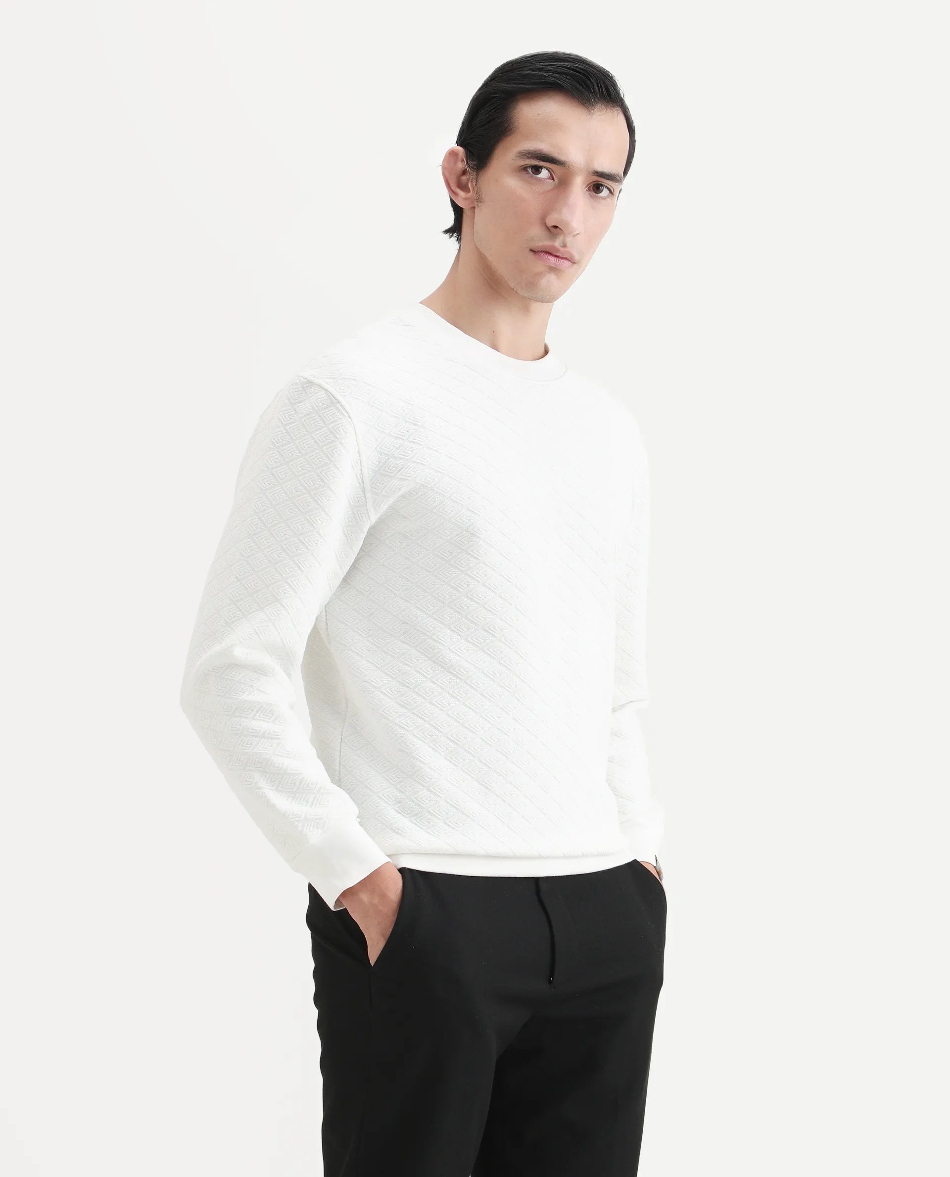 Rare Rabbit Men's Sheild-2 White Textured Regular Fit Full Sleeve Crew Neck Sweatshirt