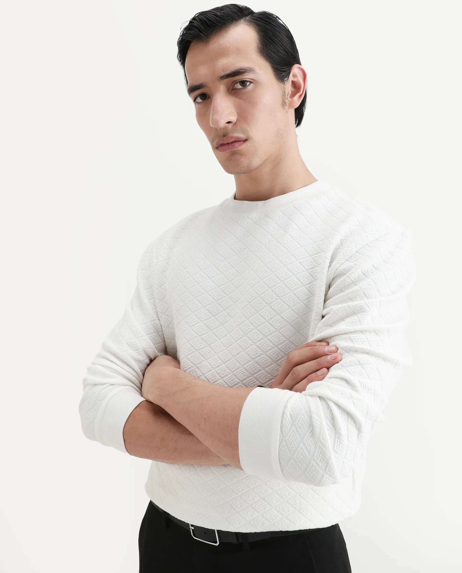 Rare Rabbit Men's Sheild-2 White Textured Regular Fit Full Sleeve Crew Neck Sweatshirt