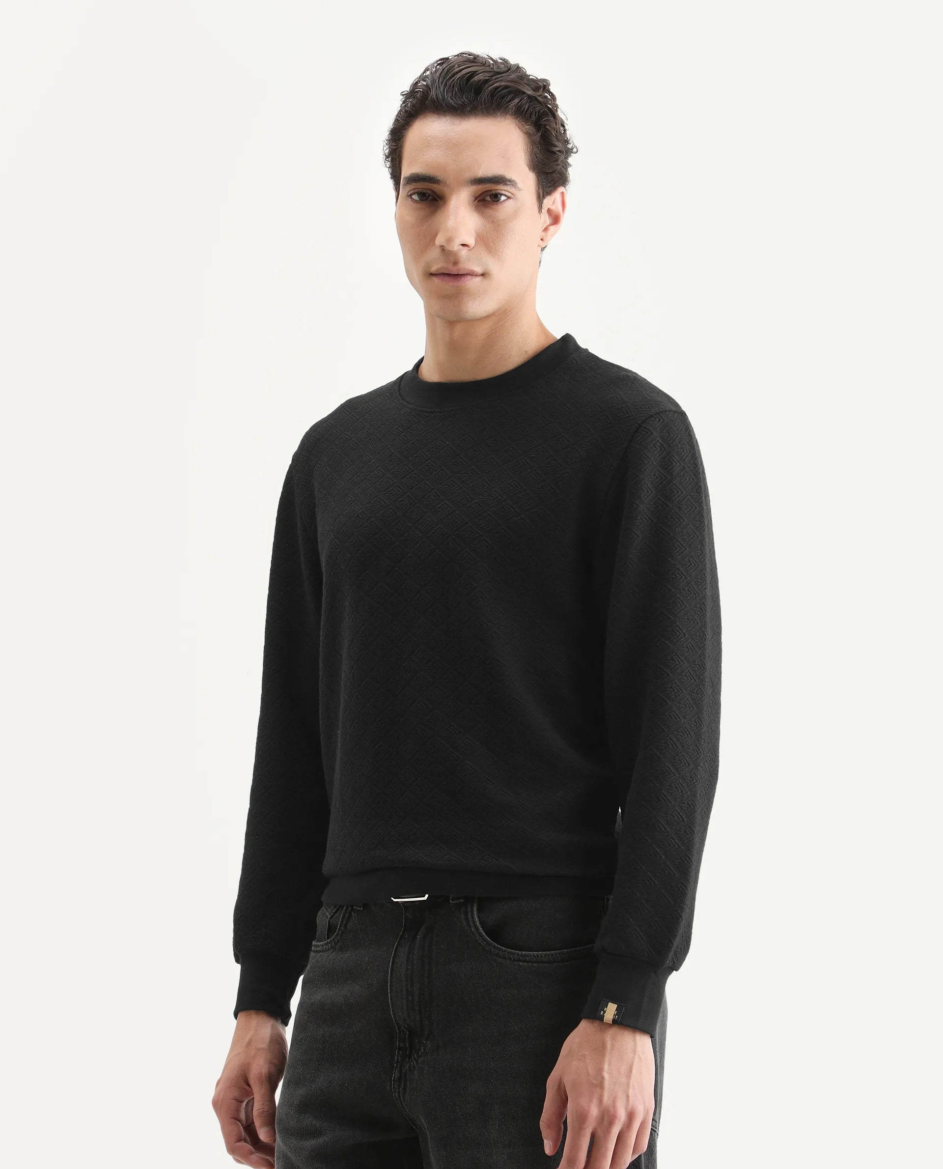 Rare Rabbit Men's Sheild-2 Black Cotton Blend Textured Regular Fit Full Sleeve Crew Neck Sweatshirt