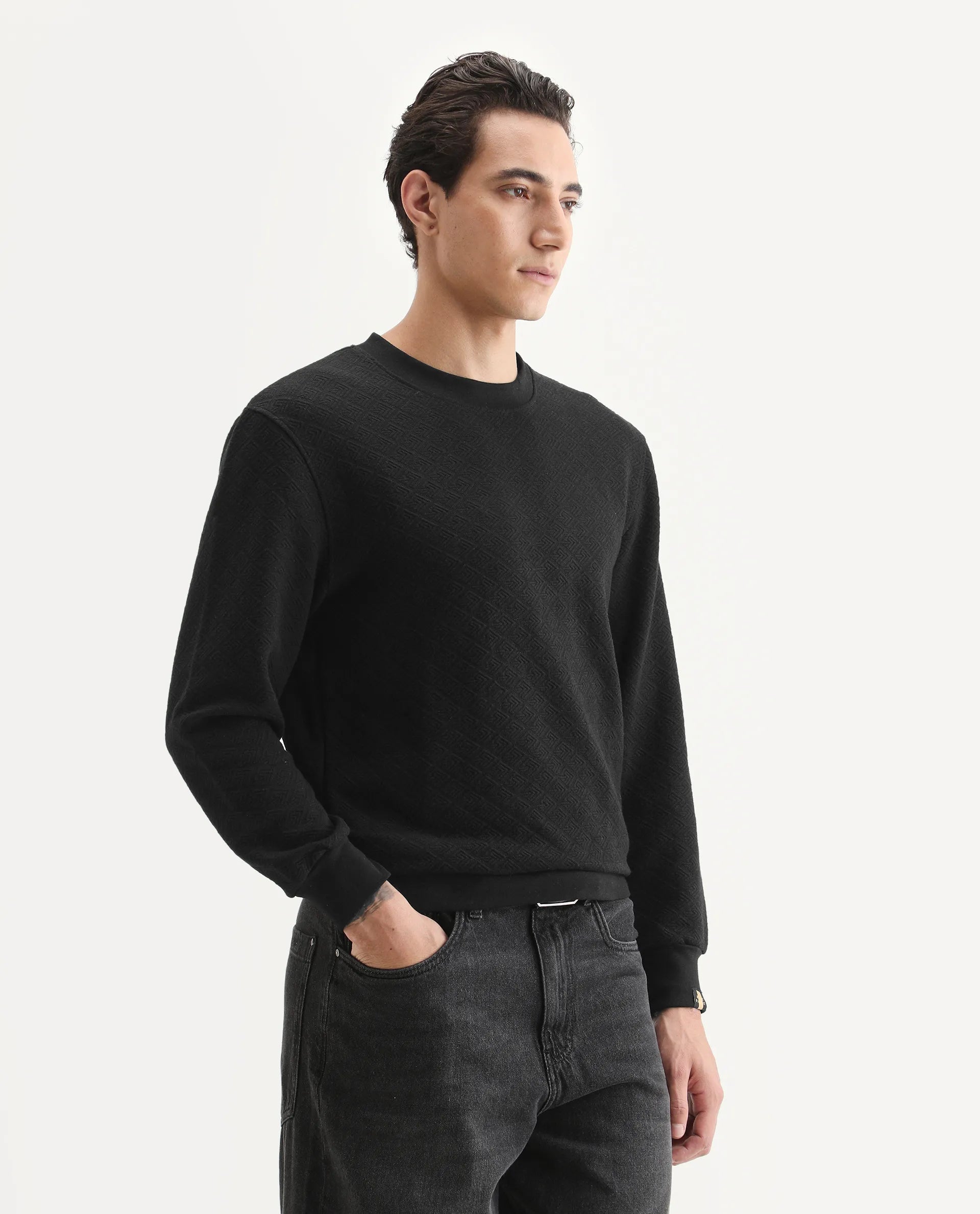 Rare Rabbit Men's Sheild-2 Black Cotton Blend Textured Regular Fit Full Sleeve Crew Neck Sweatshirt