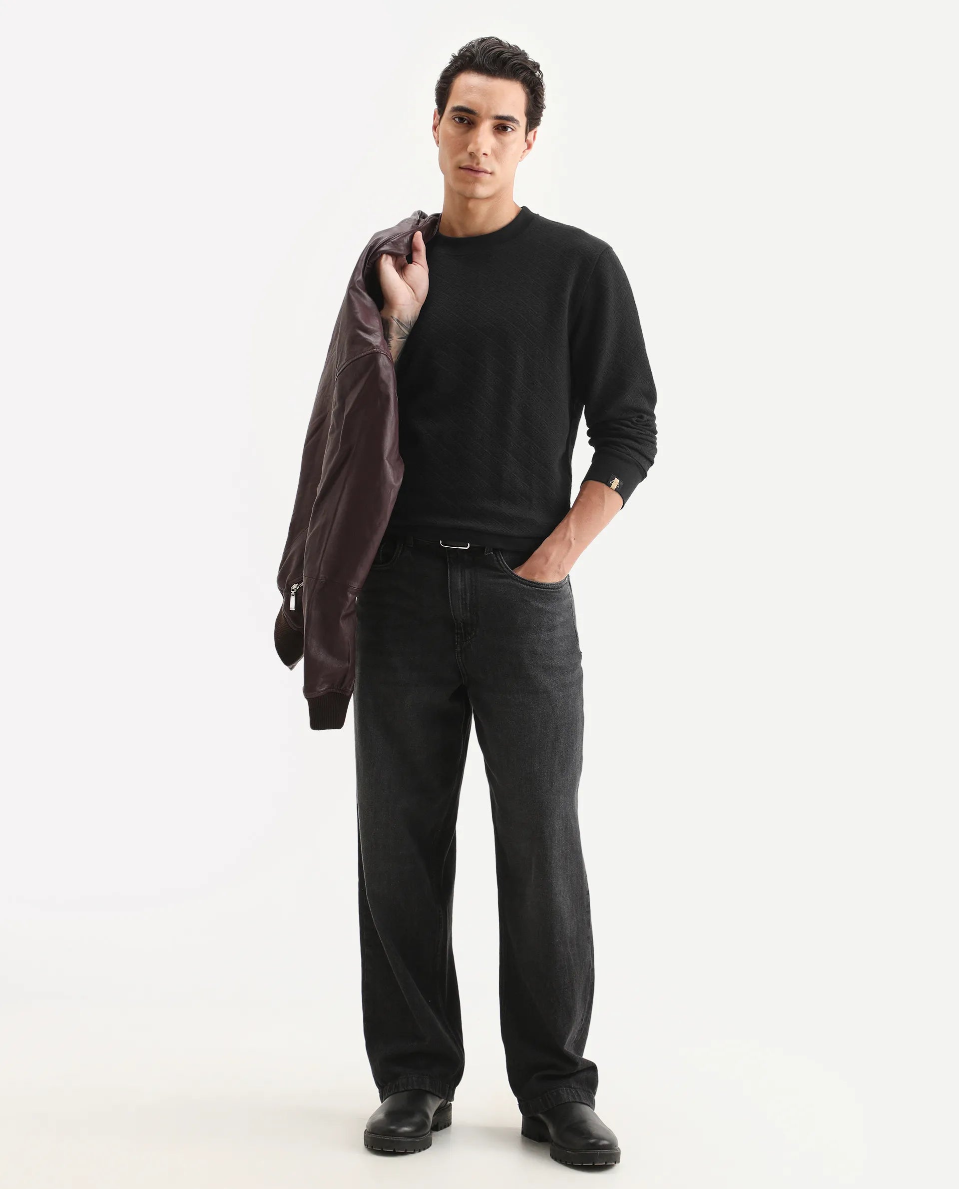 Rare Rabbit Men's Sheild-2 Black Cotton Blend Textured Regular Fit Full Sleeve Crew Neck Sweatshirt