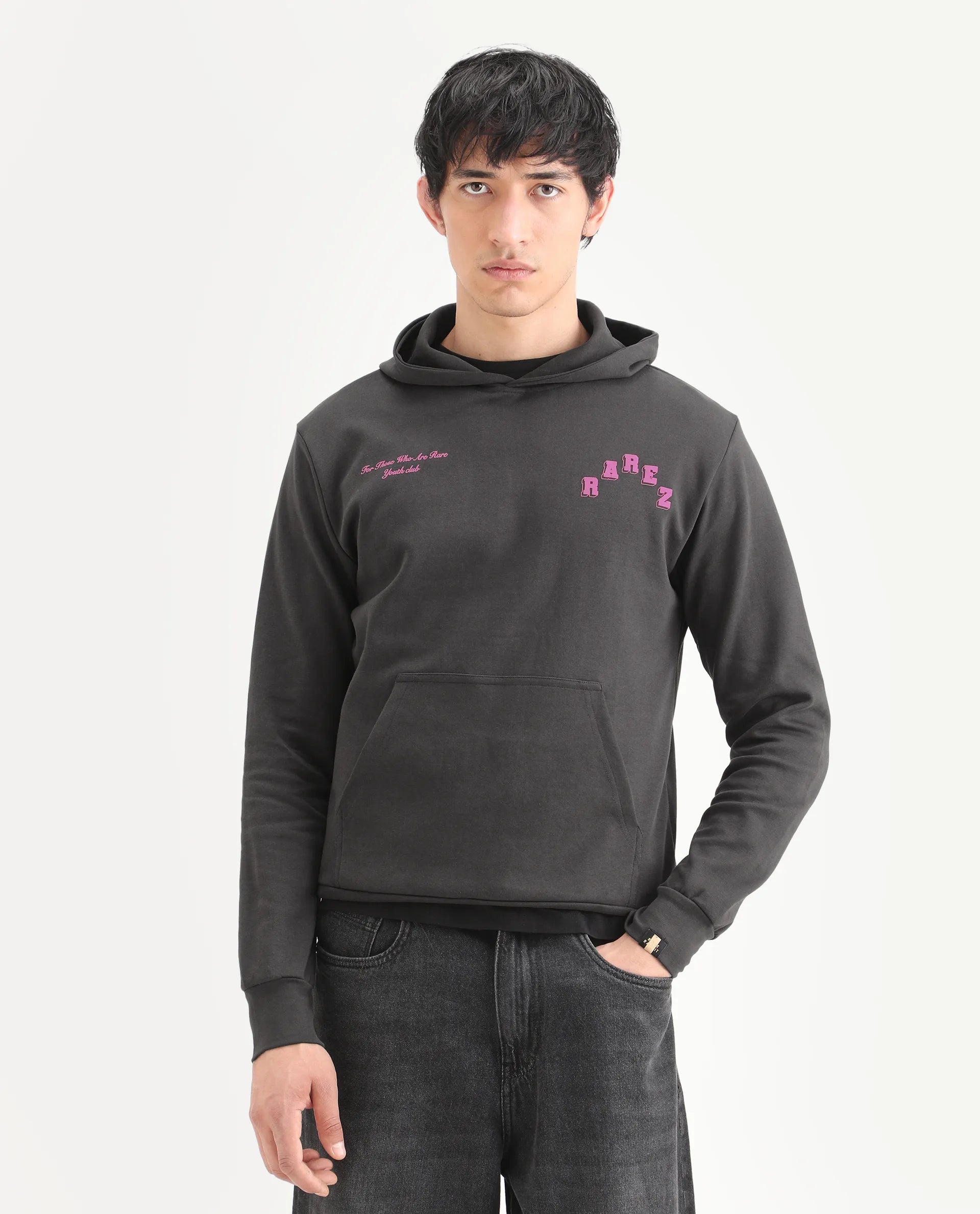Rare Rabbit Men's Kany-1 Dark Grey Cotton Graphic Print Regular Fit Full Sleeve Hooded Sweatshirt