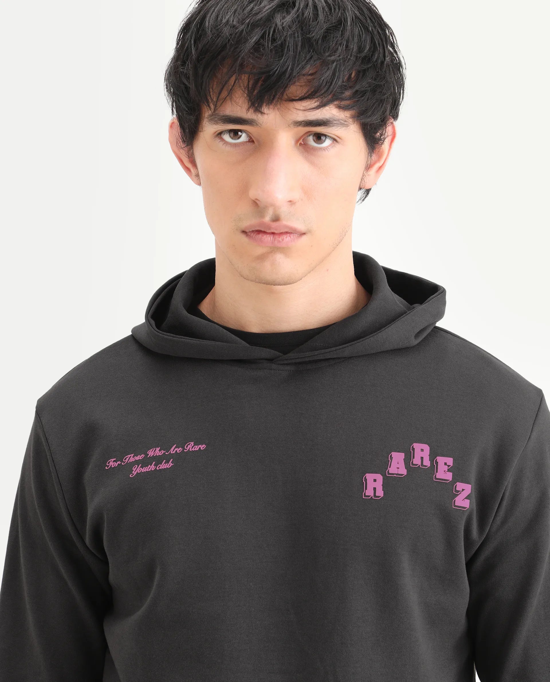 Rare Rabbit Men's Kany-1 Dark Grey Cotton Graphic Print Regular Fit Full Sleeve Hooded Sweatshirt