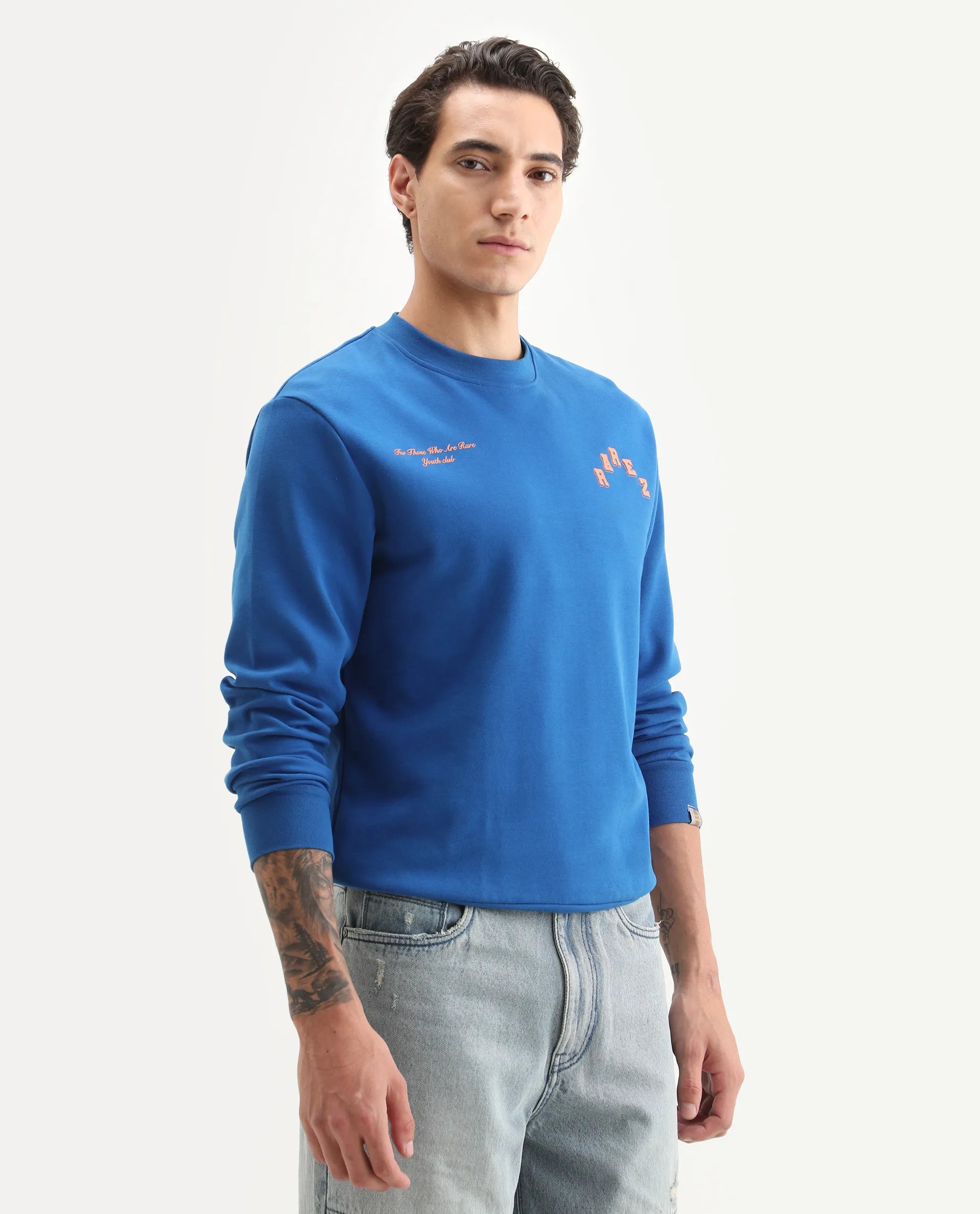 Rare Rabbit Men's Kany-2 Blue Cotton Embroidered Regular Fit Full Sleeve Crew Neck Sweatshirt