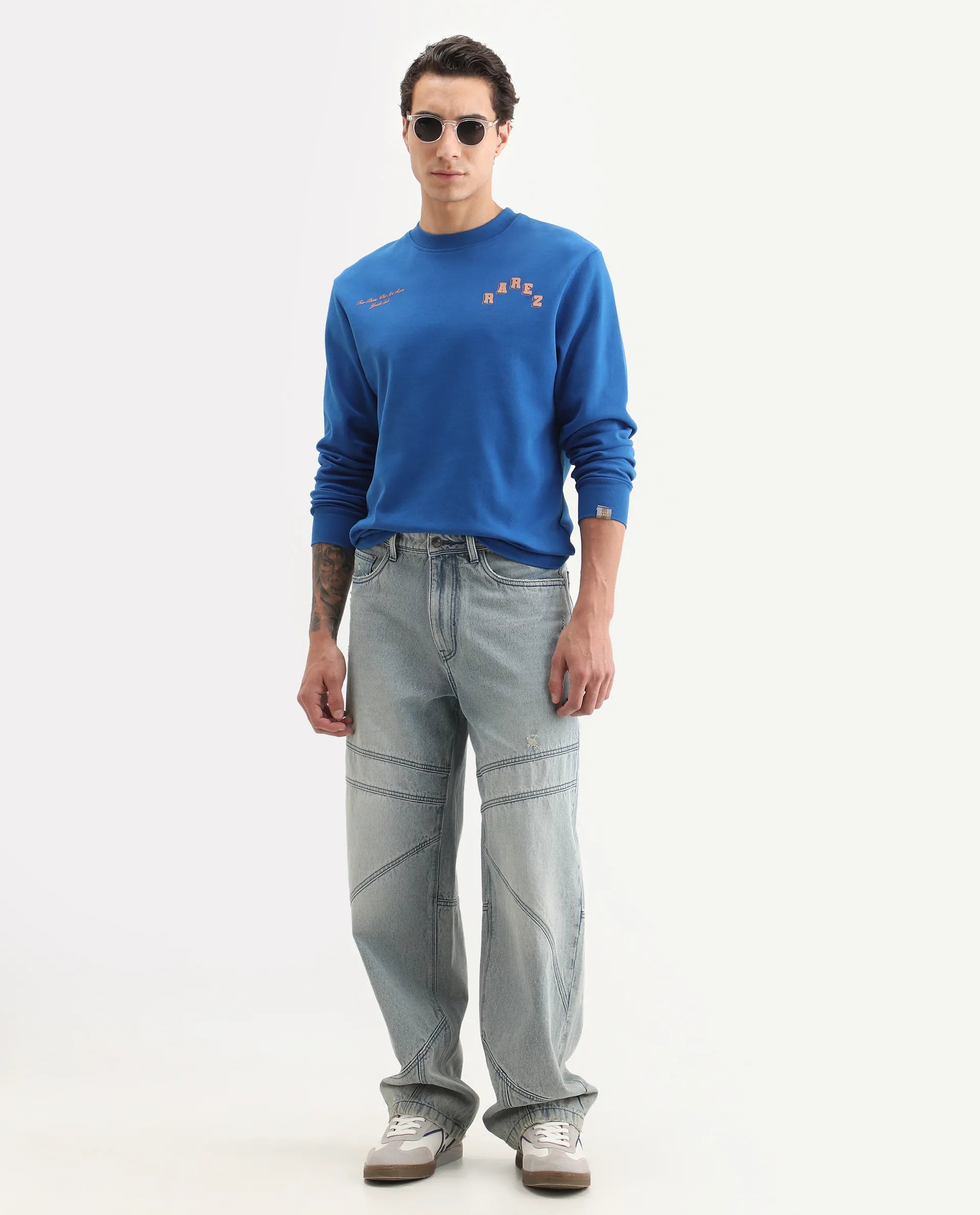 Rare Rabbit Men's Kany-2 Blue Cotton Embroidered Regular Fit Full Sleeve Crew Neck Sweatshirt