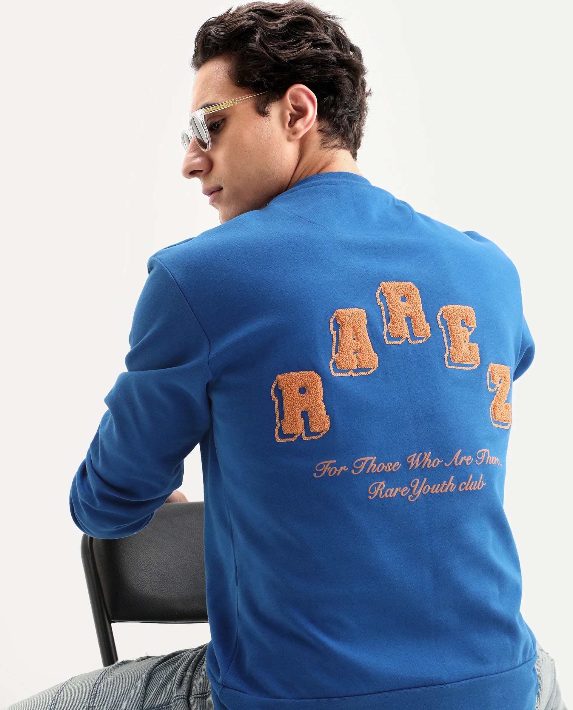 Rare Rabbit Men's Kany-2 Blue Cotton Embroidered Regular Fit Full Sleeve Crew Neck Sweatshirt