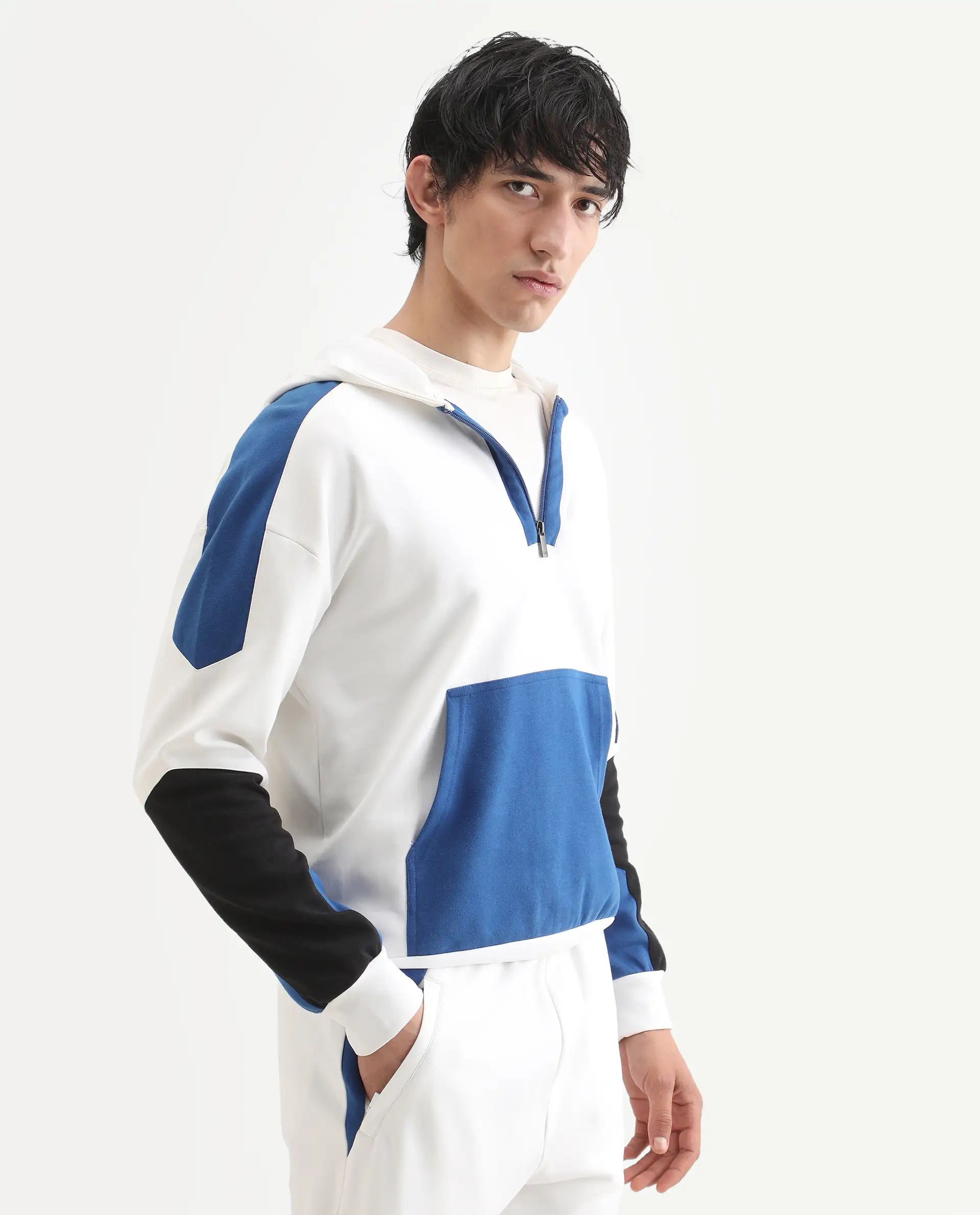 Rare Rabbit Men's Armo-2 White Cotton Ombre Regular Fit Full Sleeve Hooded Sweatshirt