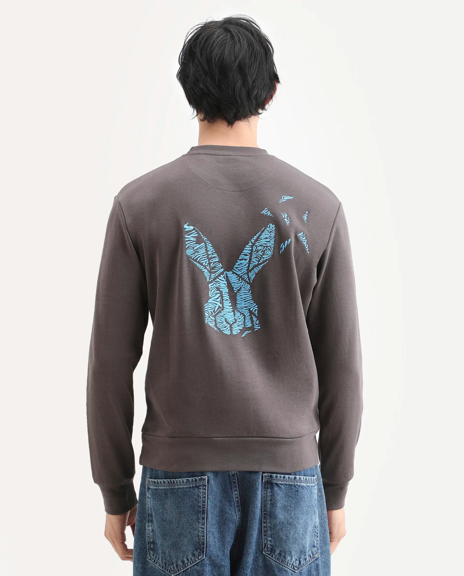 Rare Rabbit Men's Bay Dark Grey Cotton Graphic Print Regular Fit Full Sleeve Crew Neck Sweatshirt