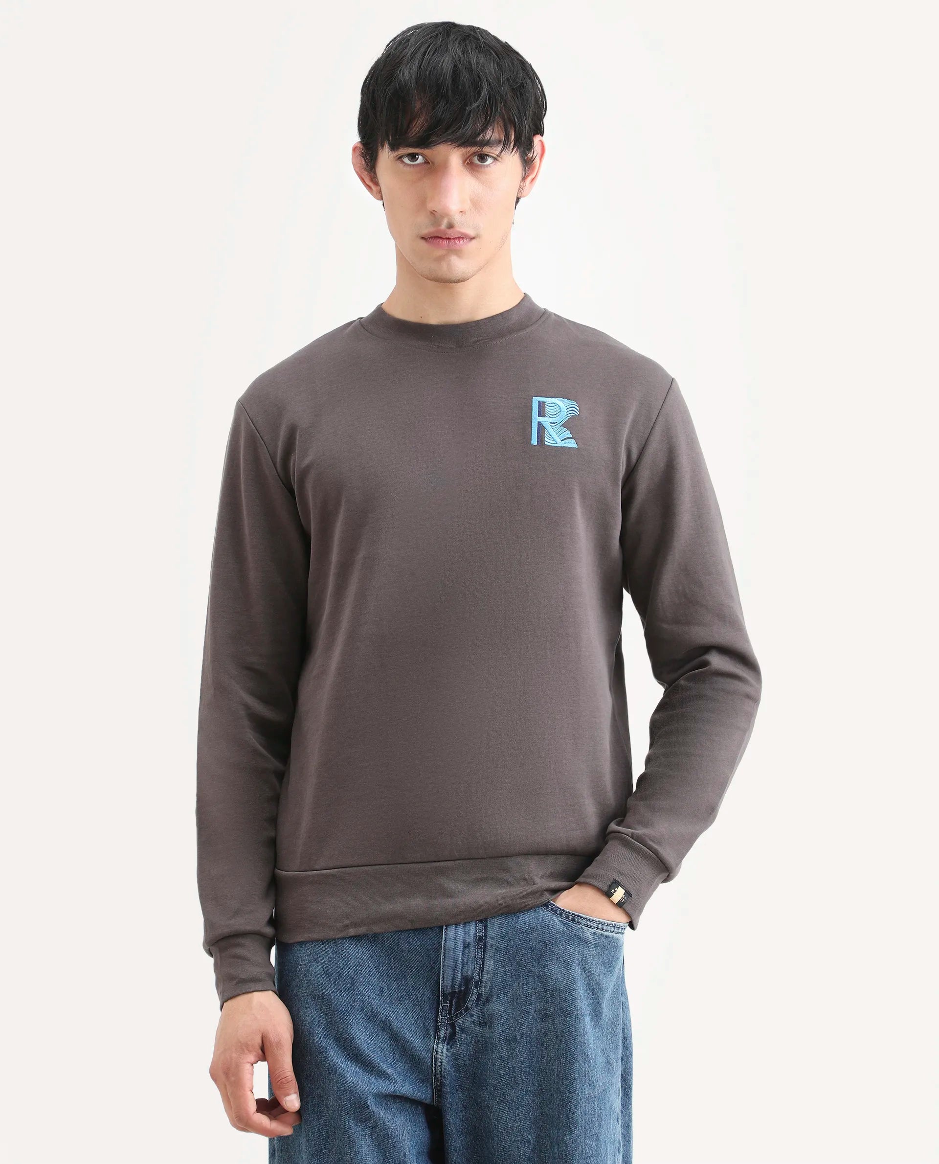 Rare Rabbit Men's Bay Dark Grey Cotton Graphic Print Regular Fit Full Sleeve Crew Neck Sweatshirt