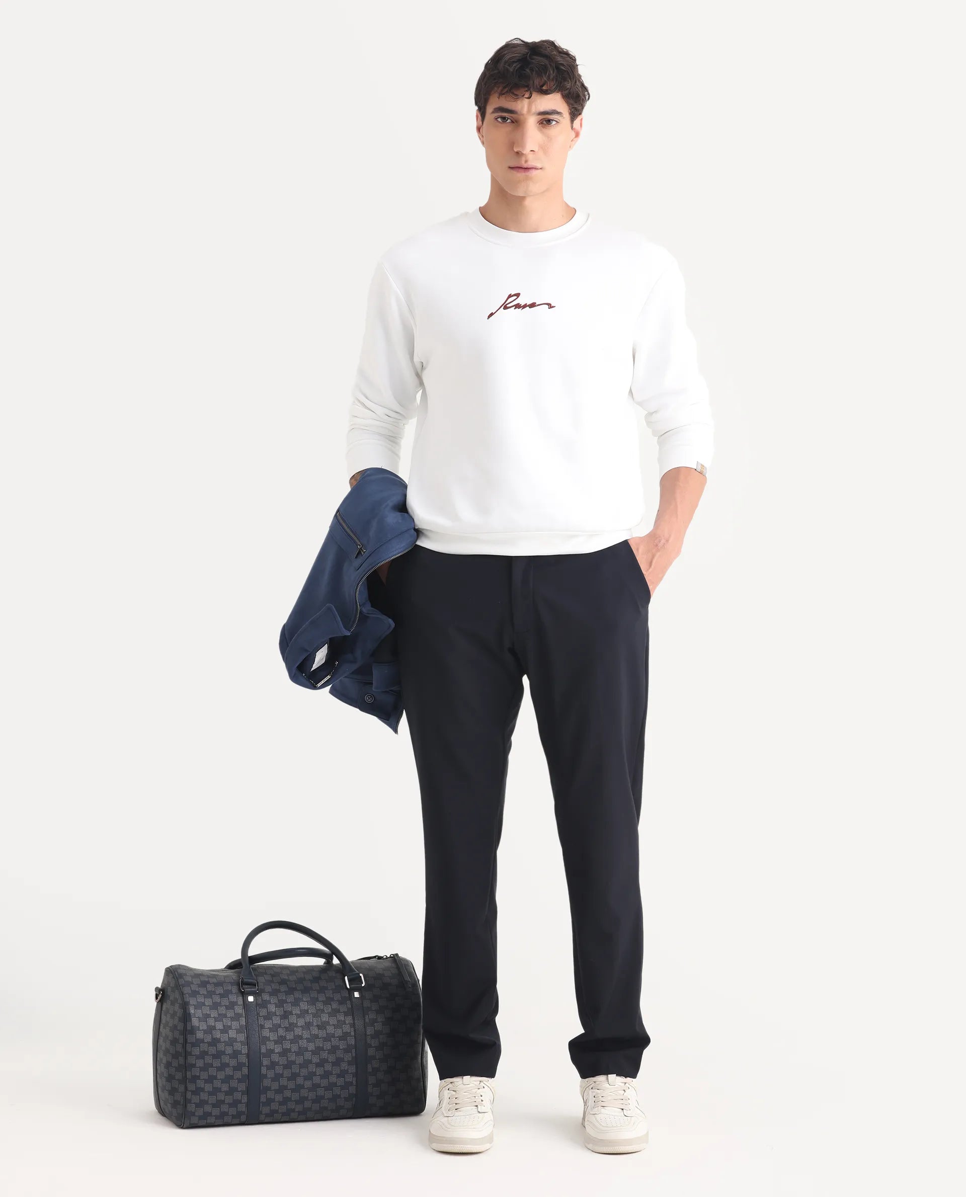 Rare Rabbit Men's Rew-1 White Cotton Graphic Print Regular Fit Full Sleeve Crew Neck Sweatshirt