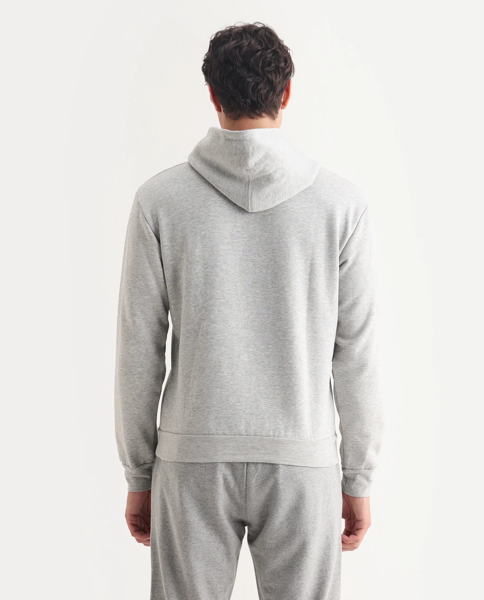 Rare Rabbit Men's Rew-2 Melange Grey Cotton Blend Graphic Print Regular Fit Full Sleeve Hooded Sweatshirt