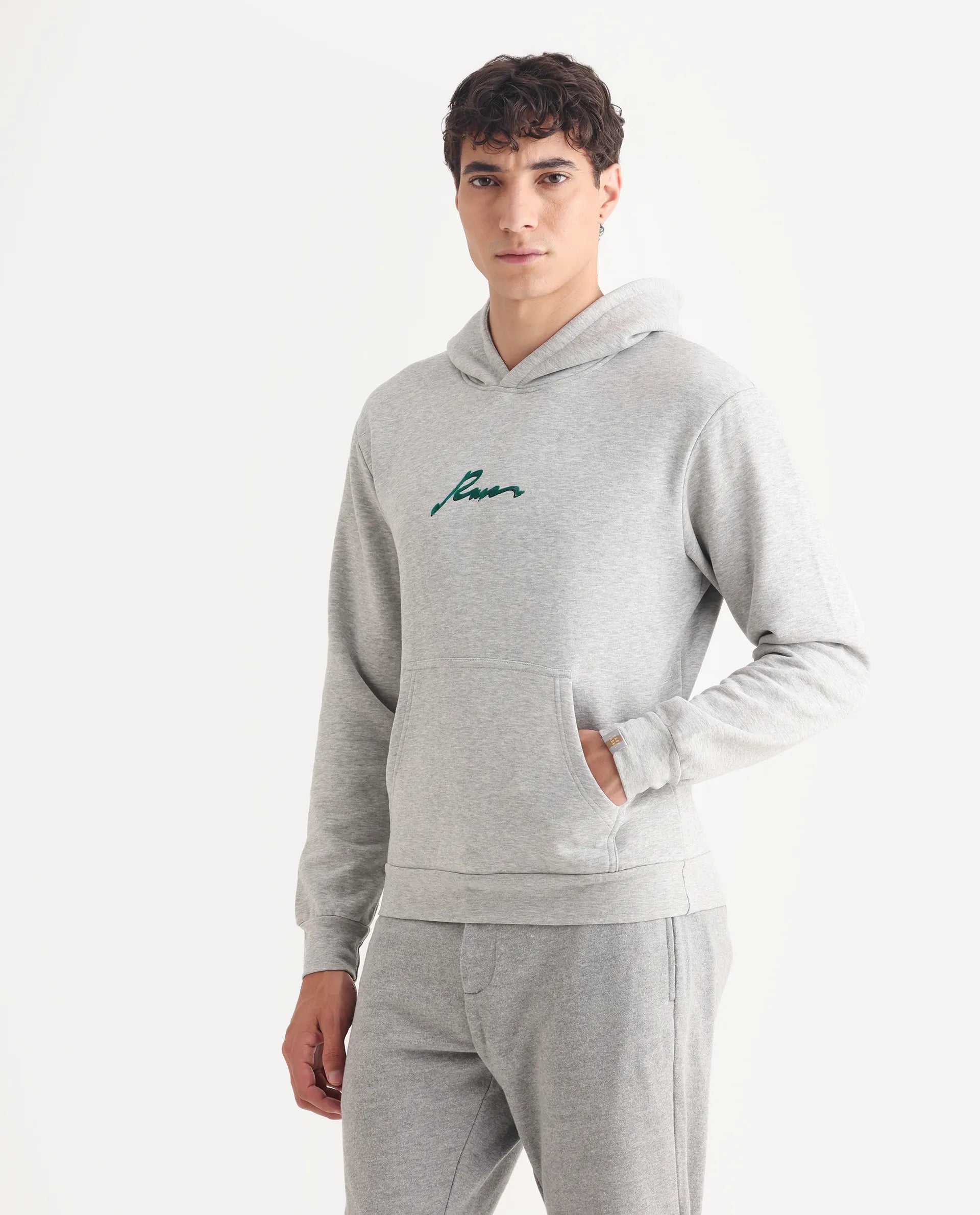 Rare Rabbit Men's Rew-2 Melange Grey Cotton Blend Graphic Print Regular Fit Full Sleeve Hooded Sweatshirt