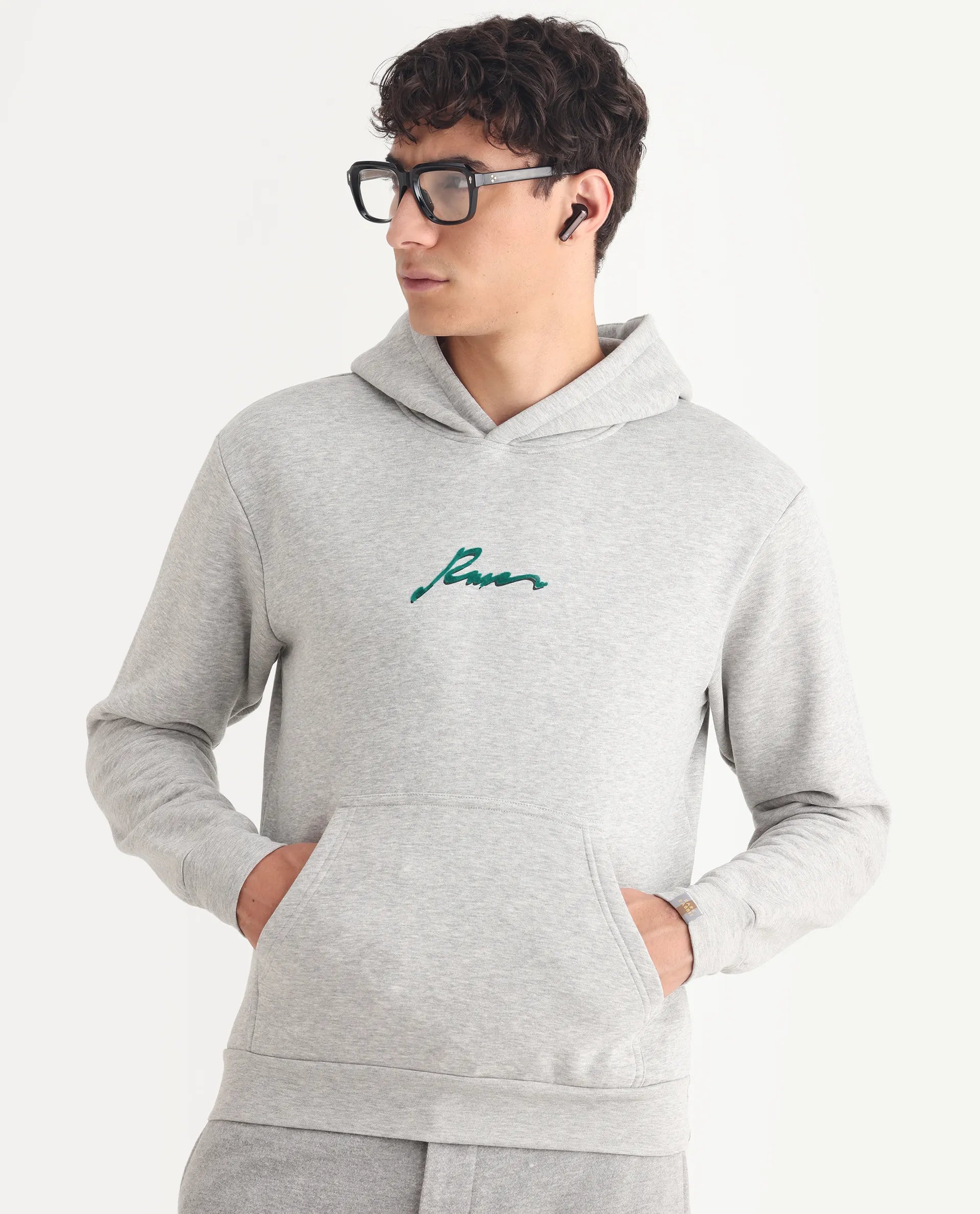 Rare Rabbit Men's Rew-2 Melange Grey Cotton Blend Graphic Print Regular Fit Full Sleeve Hooded Sweatshirt