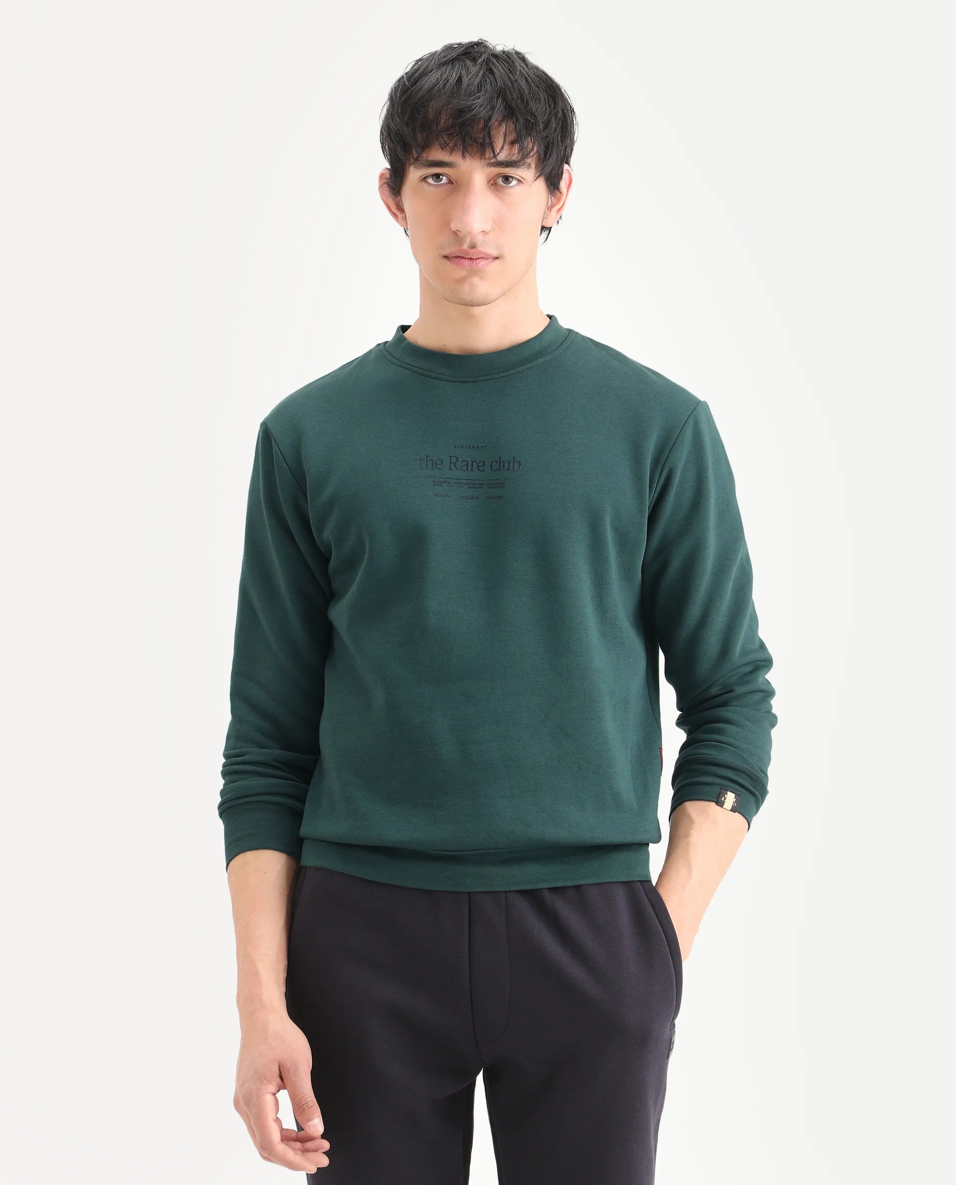 Rare Rabbit Men's Tamar Dark Green Cotton Blend Graphic Print Regular Fit Full Sleeve Crew Neck Sweatshirt