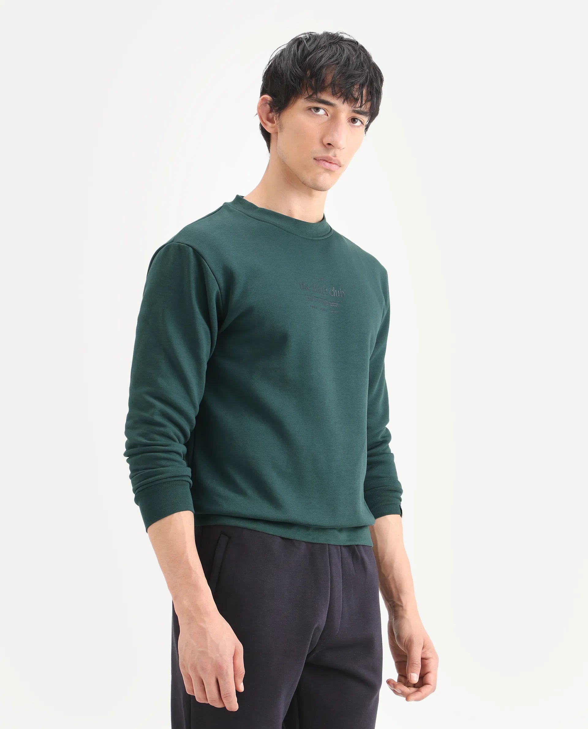 Rare Rabbit Men's Tamar Dark Green Cotton Blend Graphic Print Regular Fit Full Sleeve Crew Neck Sweatshirt