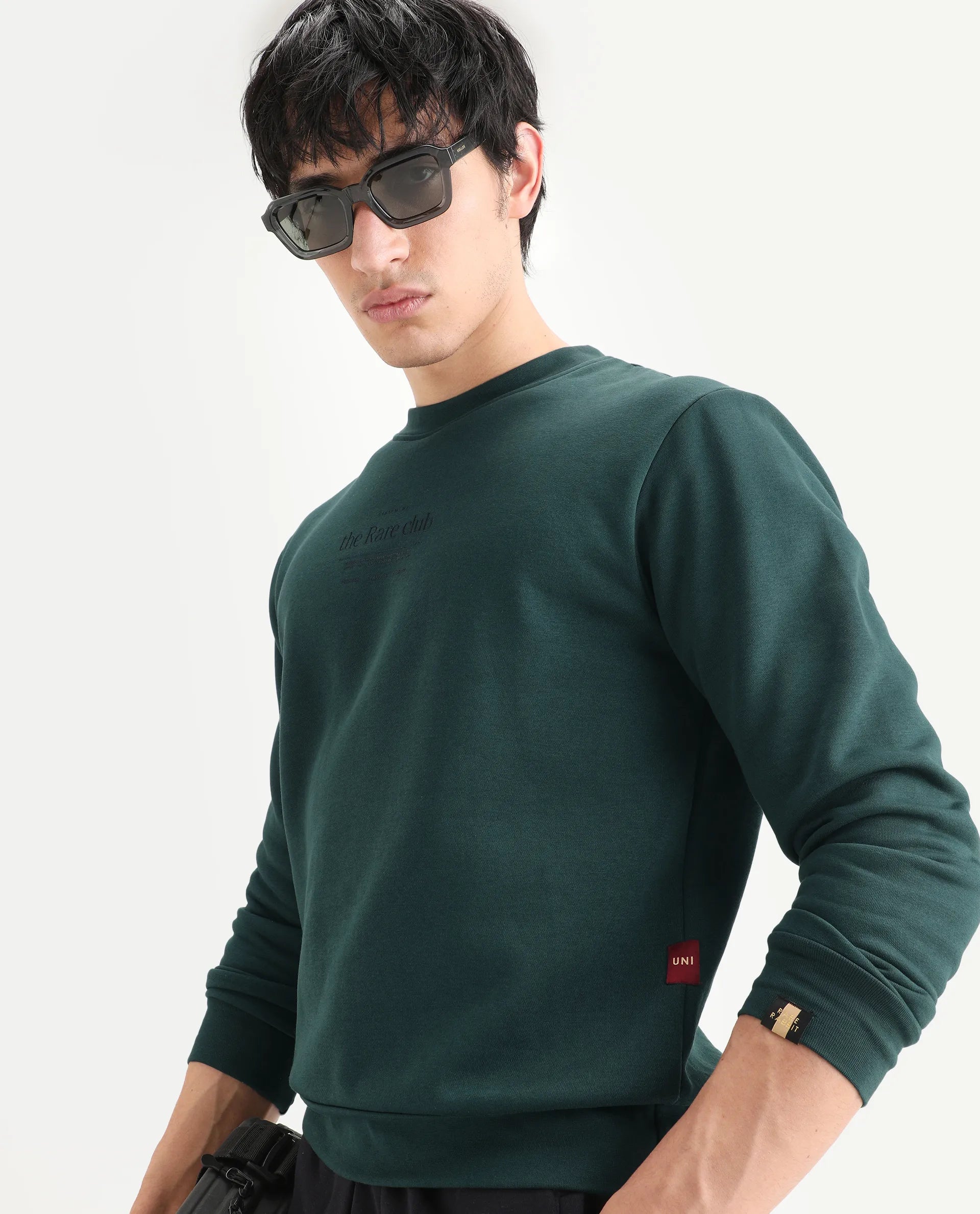 Rare Rabbit Men's Tamar Dark Green Cotton Blend Graphic Print Regular Fit Full Sleeve Crew Neck Sweatshirt