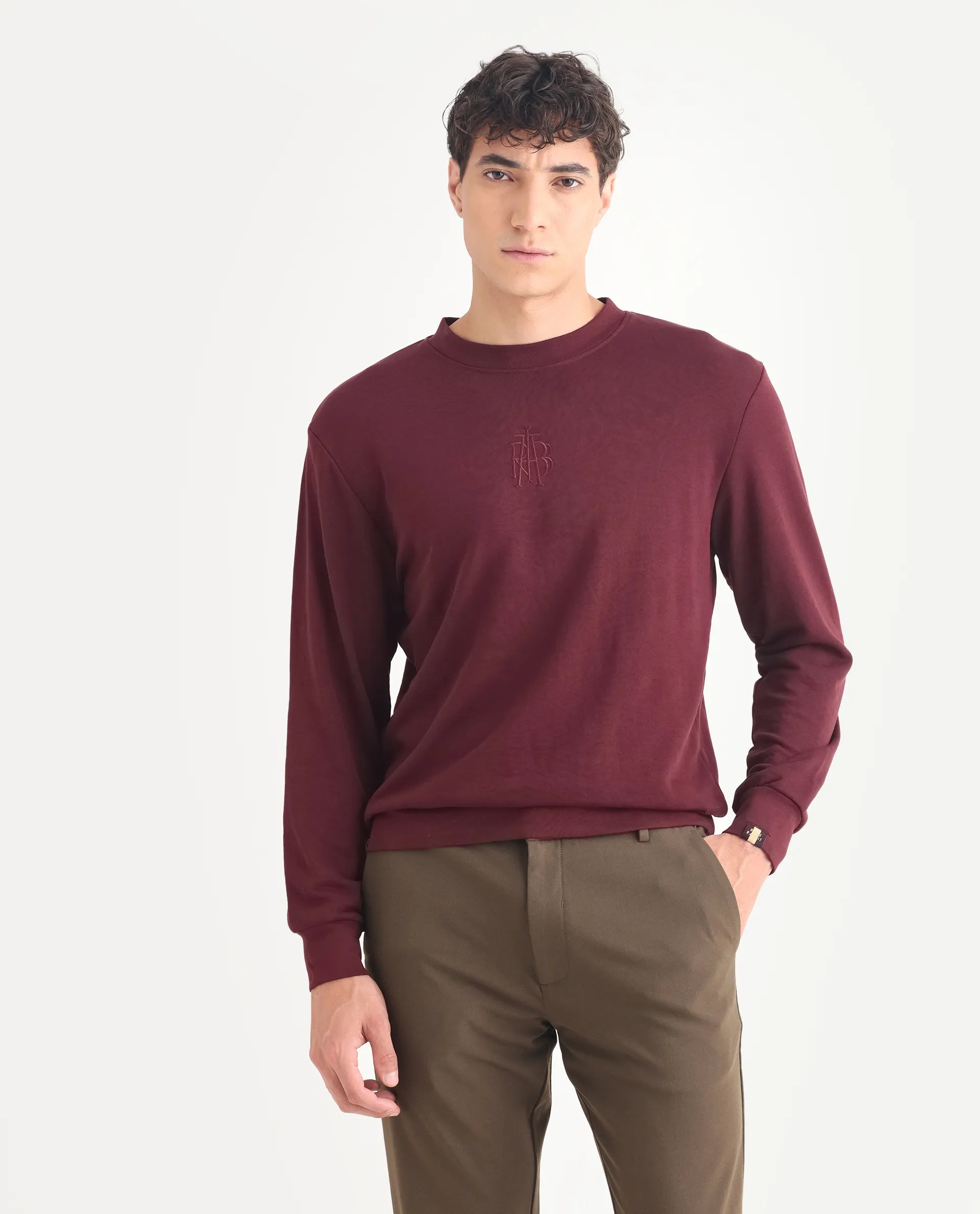Rare Rabbit Men's Wares Maroon Cotton Blend Embroidered Regular Fit Full Sleeve Crew Neck Sweatshirt