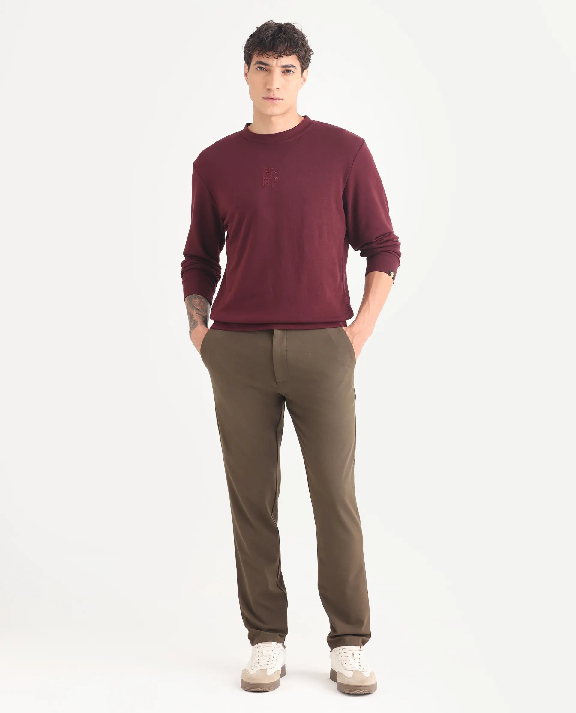 Rare Rabbit Men's Wares Maroon Cotton Blend Embroidered Regular Fit Full Sleeve Crew Neck Sweatshirt