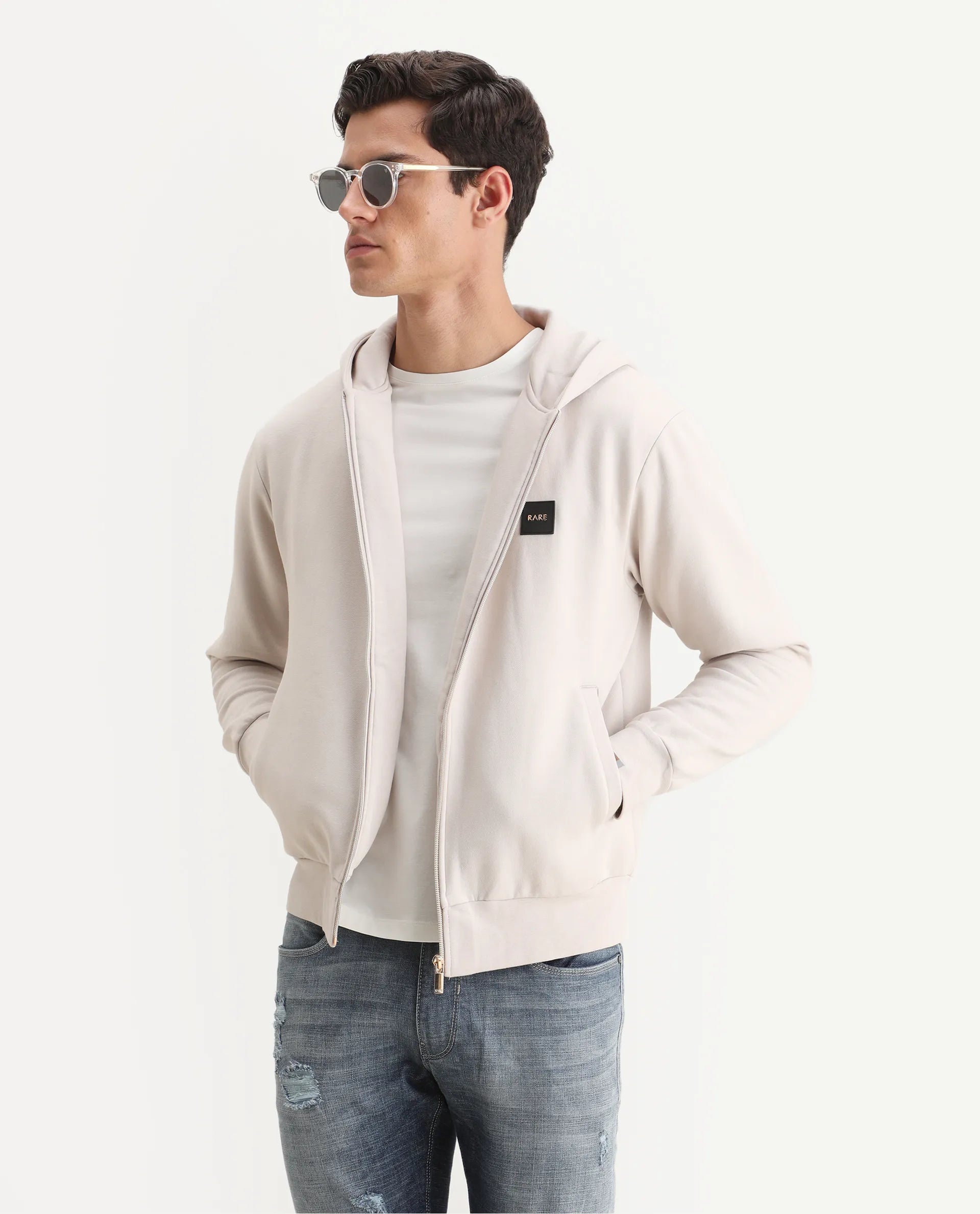 Rare Rabbit Men's Anderson-2 Off White Cotton Brand Logo Print Regular Fit Full Sleeve Hooded Sweatshirt