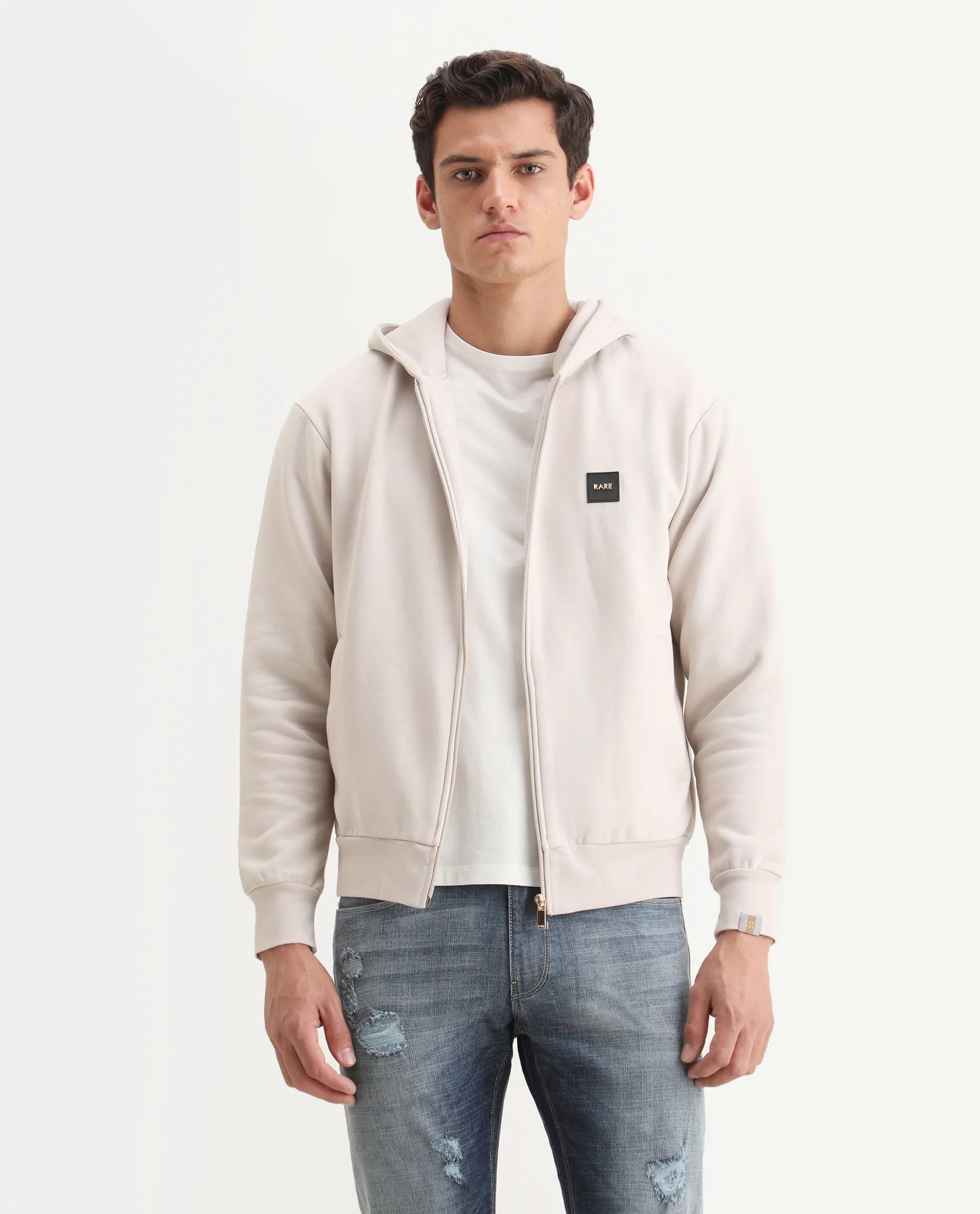 Rare Rabbit Men's Anderson-2 Off White Cotton Brand Logo Print Regular Fit Full Sleeve Hooded Sweatshirt
