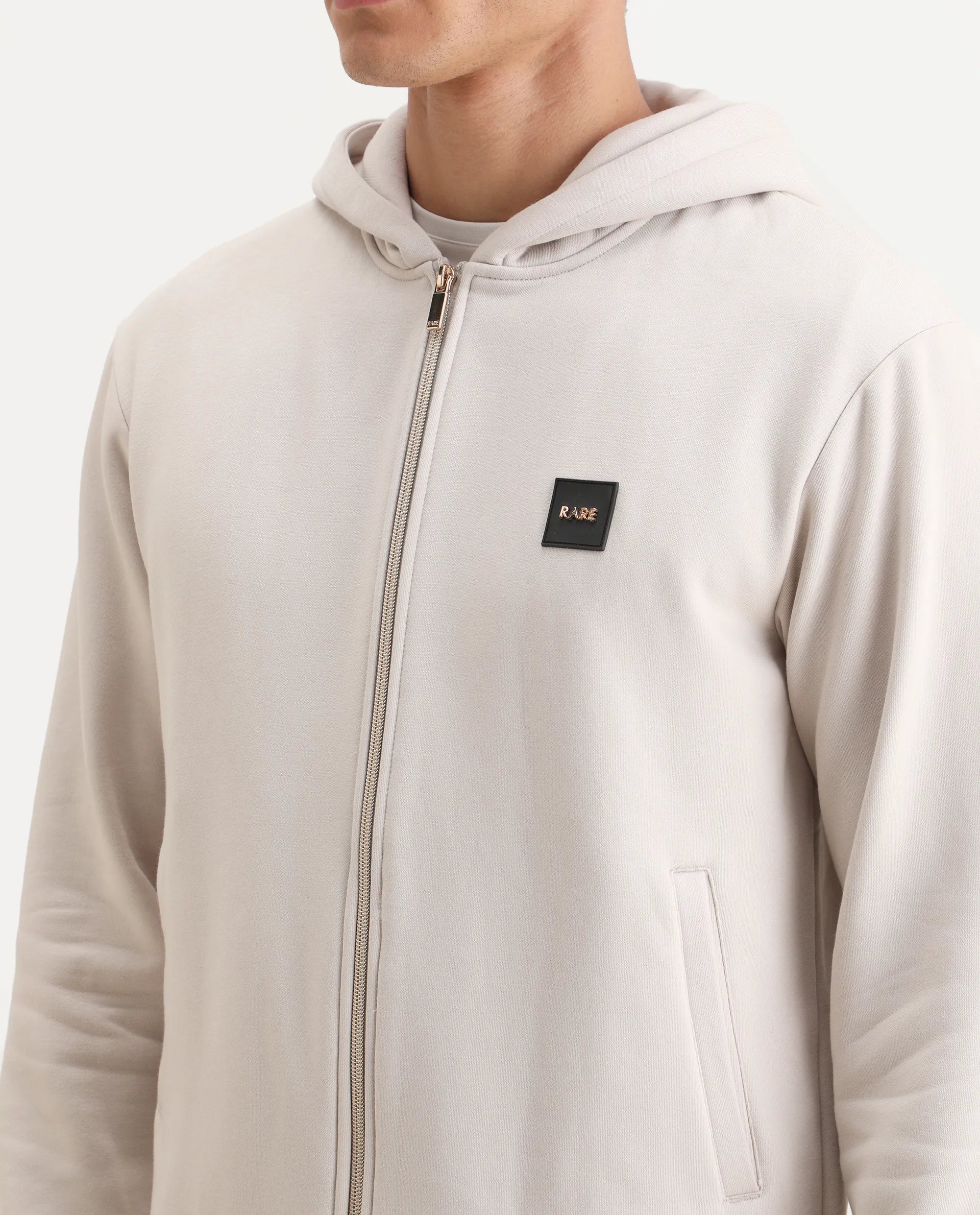 Rare Rabbit Men's Anderson-2 Off White Cotton Brand Logo Print Regular Fit Full Sleeve Hooded Sweatshirt