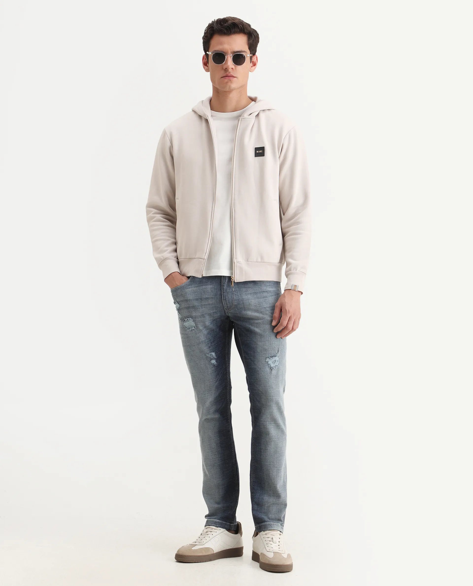 Rare Rabbit Men's Anderson-2 Off White Cotton Brand Logo Print Regular Fit Full Sleeve Hooded Sweatshirt