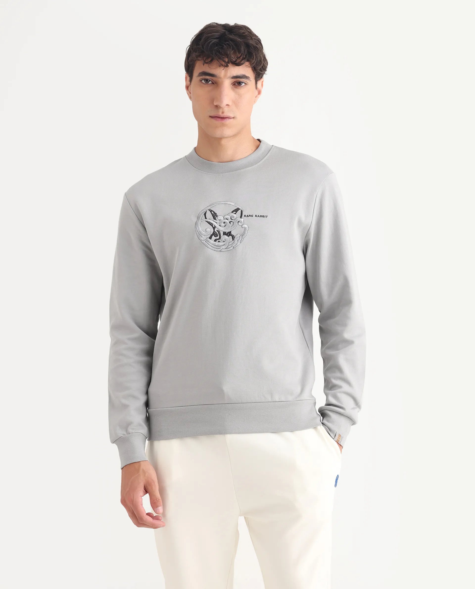 Rare Rabbit Men's Clos Light Grey Cotton Embroidered Regular Fit Full Sleeve Crew Neck Sweatshirt