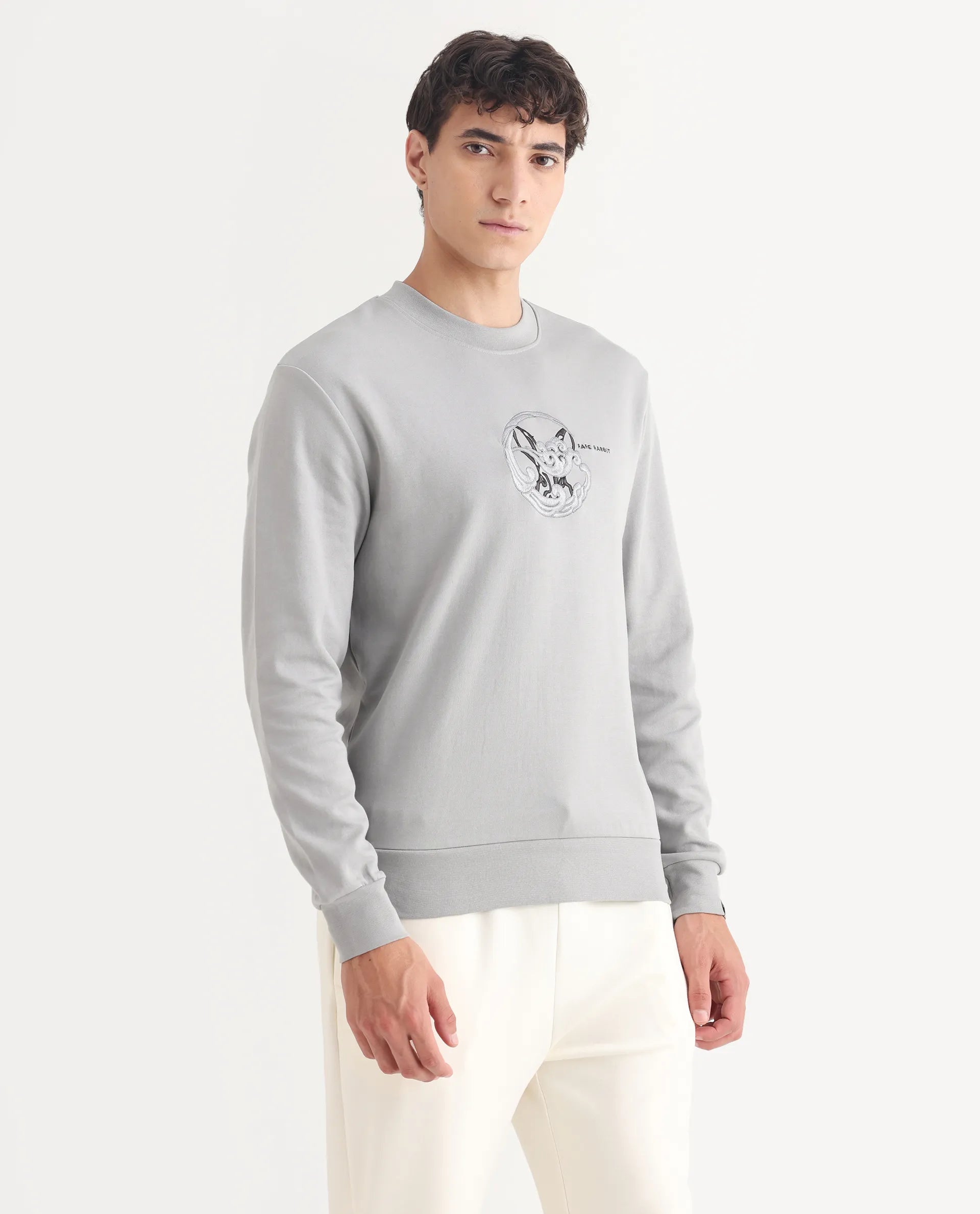 Rare Rabbit Men's Clos Light Grey Cotton Embroidered Regular Fit Full Sleeve Crew Neck Sweatshirt
